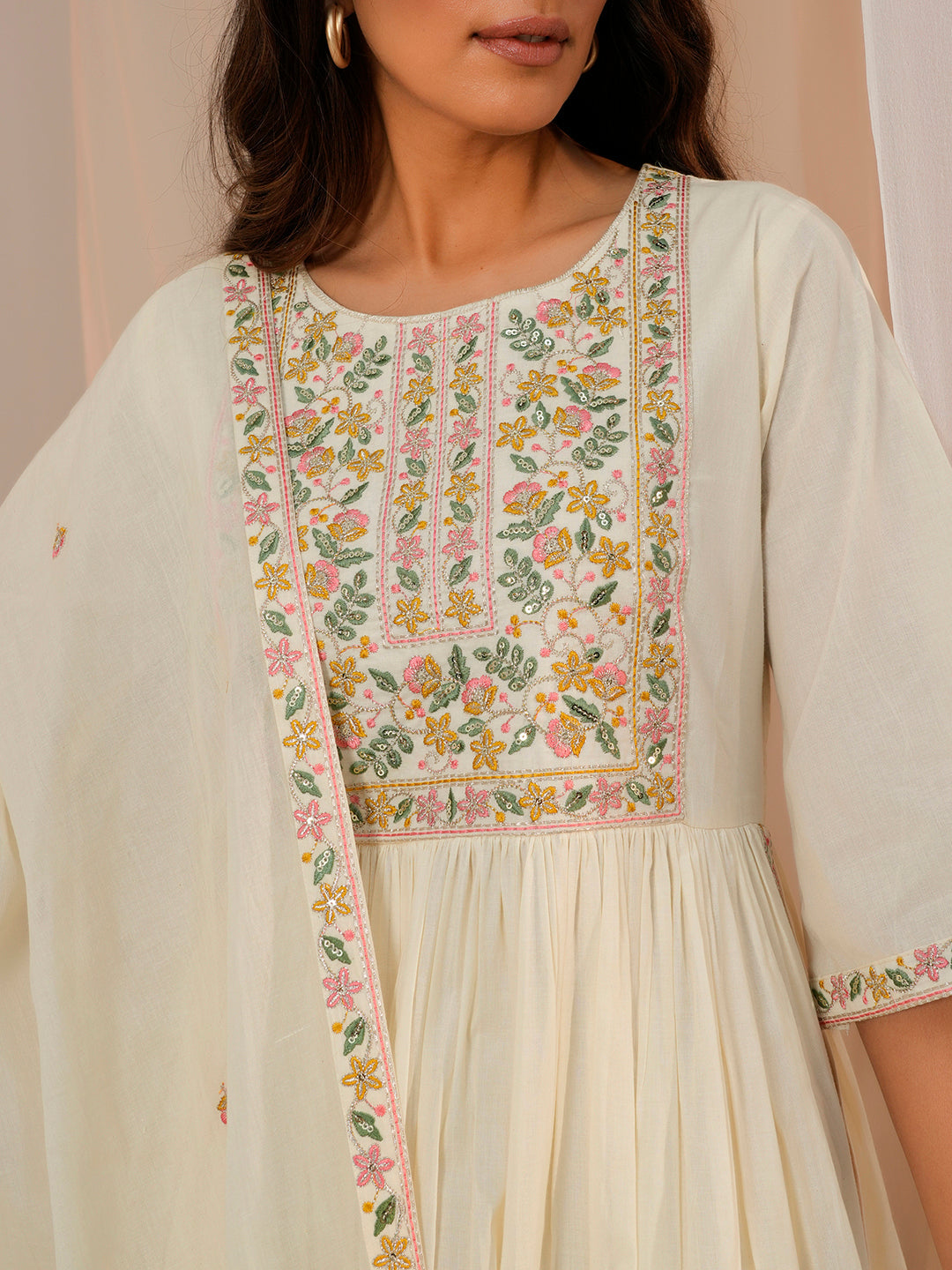 Off White Yoke Design Cotton A-Line Kurta With Palazzos & Dupatta