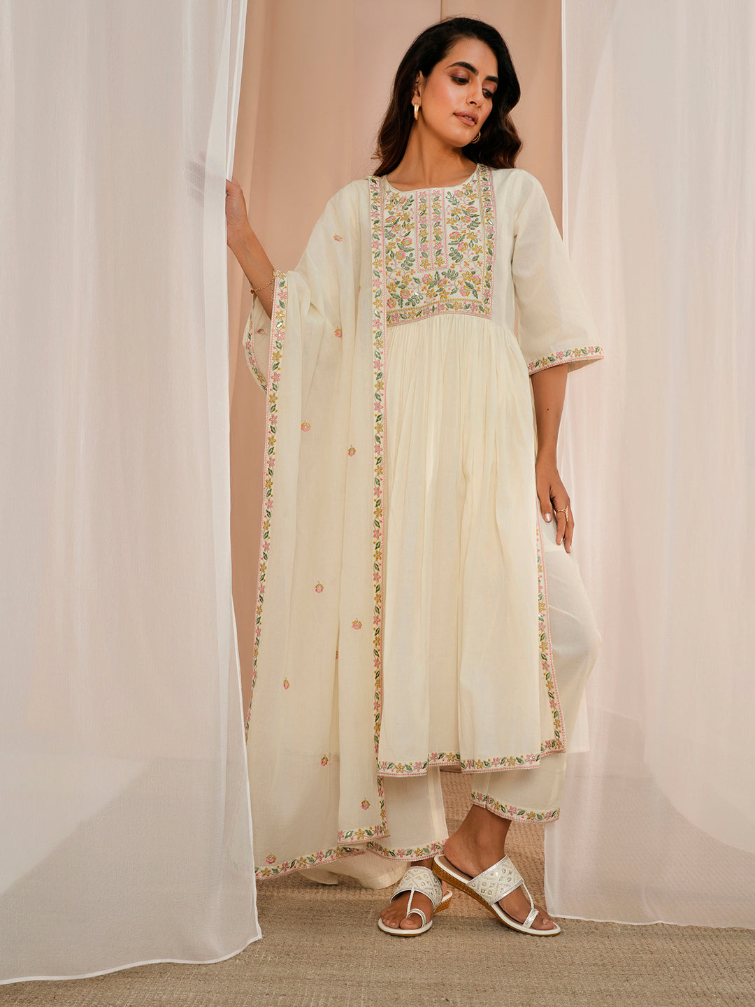 Off White Yoke Design Cotton A-Line Kurta With Palazzos & Dupatta