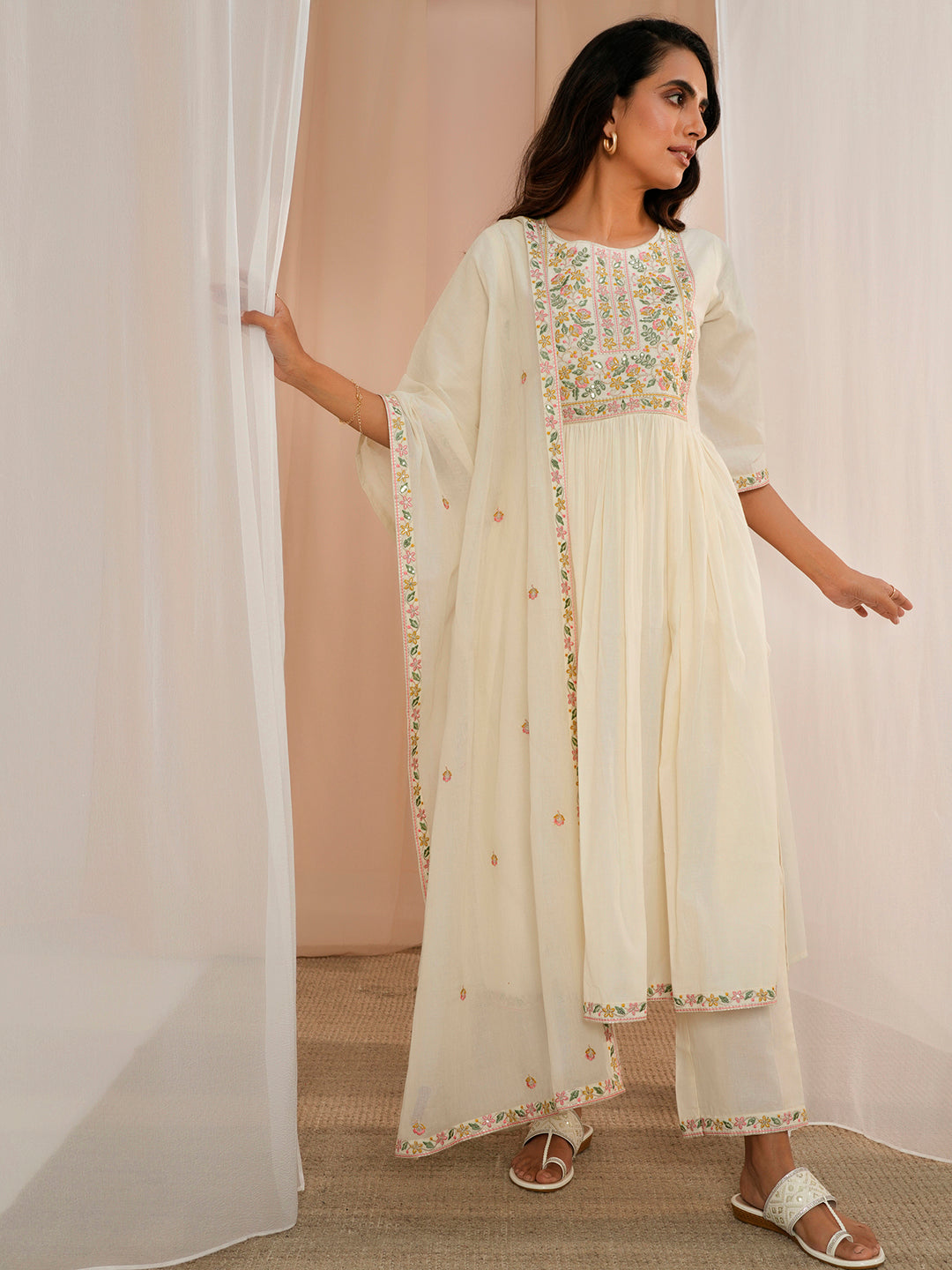 Off White Yoke Design Cotton A-Line Kurta With Palazzos & Dupatta