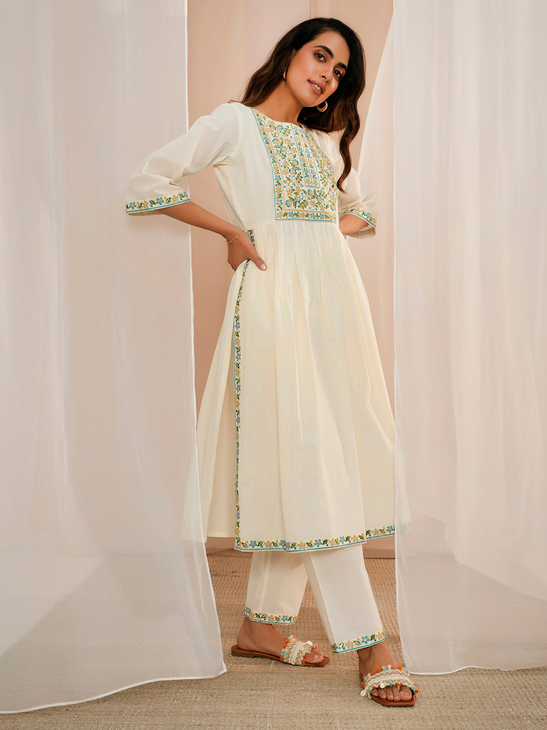 Off White Yoke Design Cotton A-Line Kurta With Palazzos & Dupatta