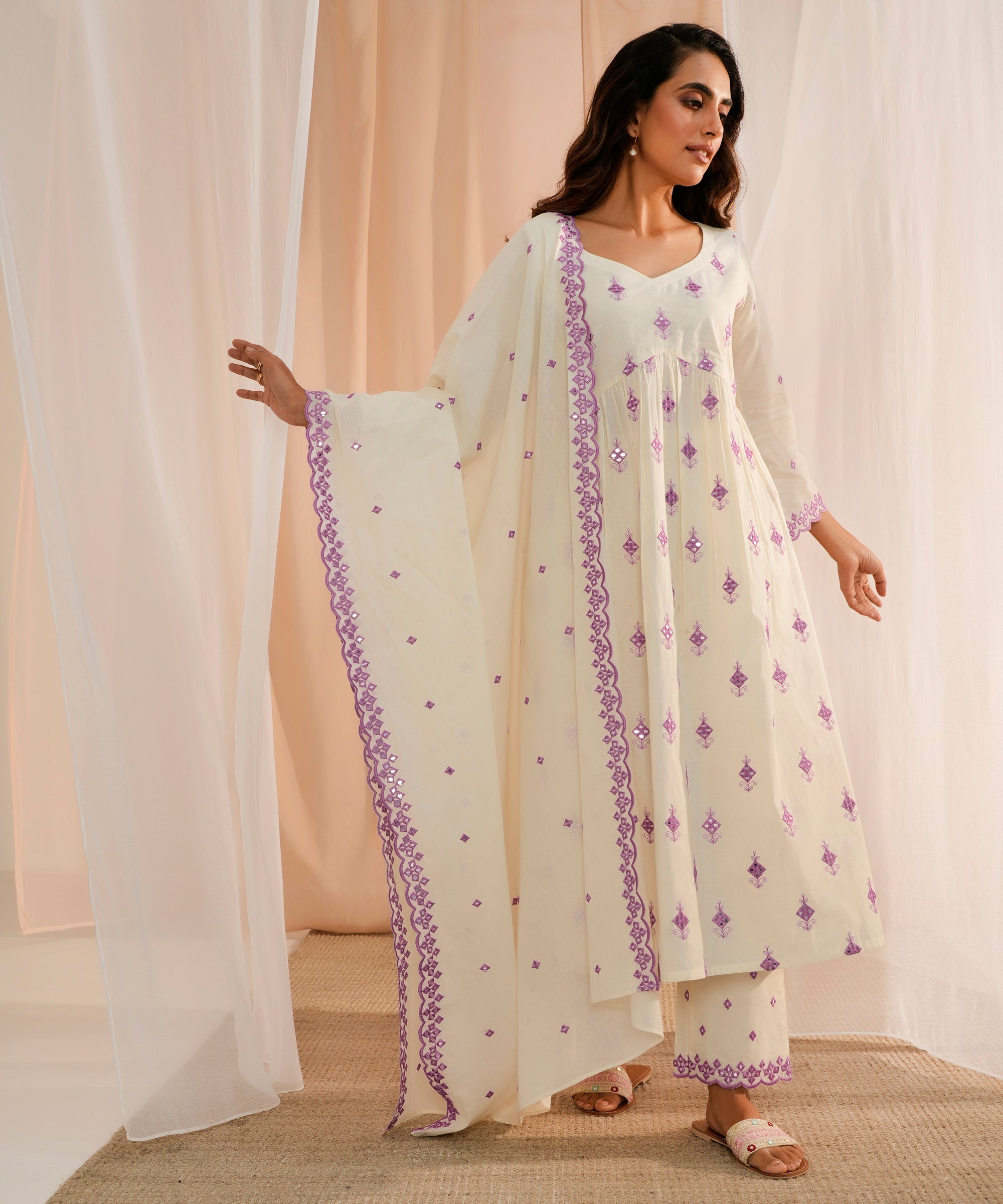 Off White Embroidered Cotton Anarkali Suit With Dupatta