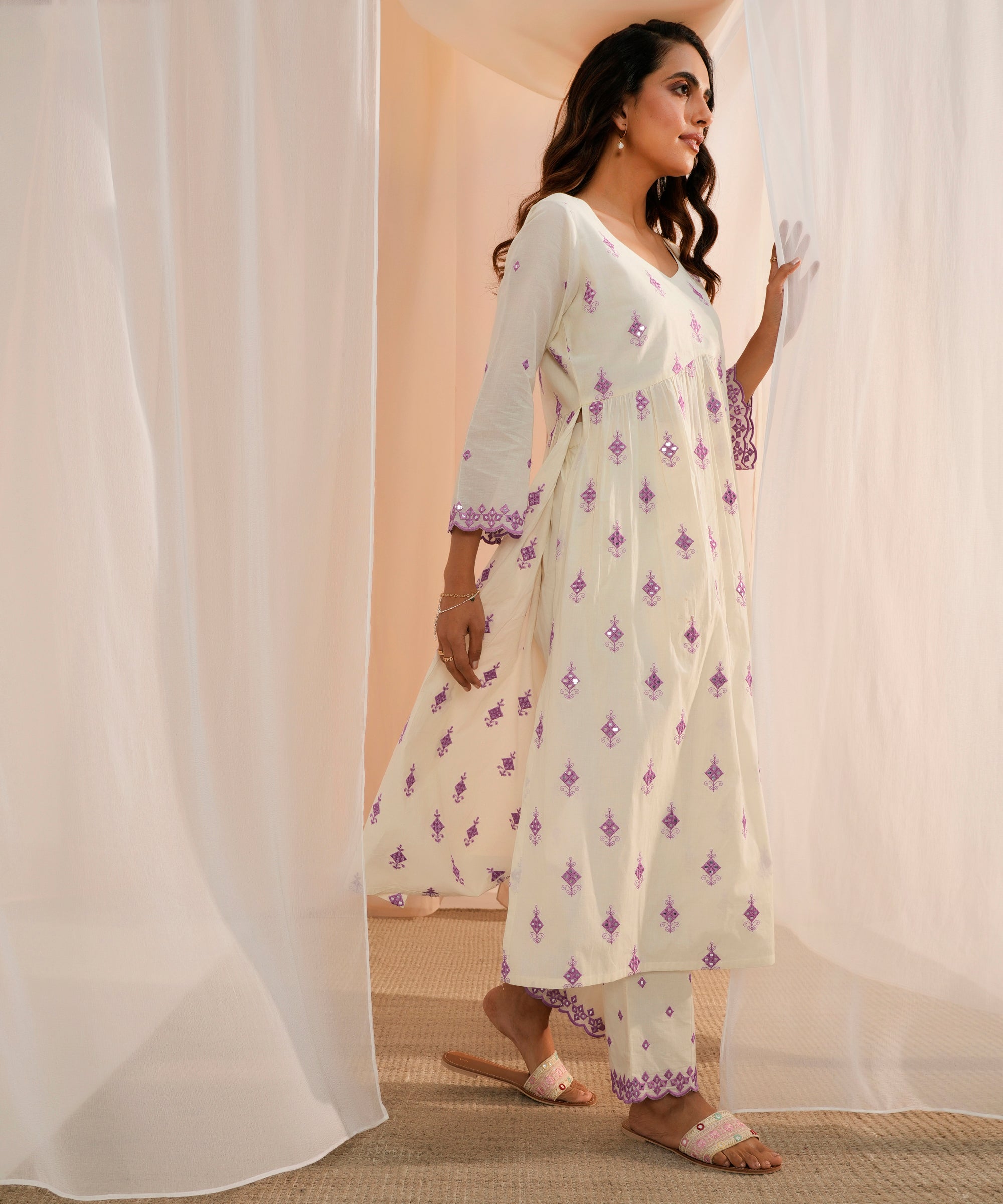 Off White Embroidered Cotton Anarkali Suit With Dupatta