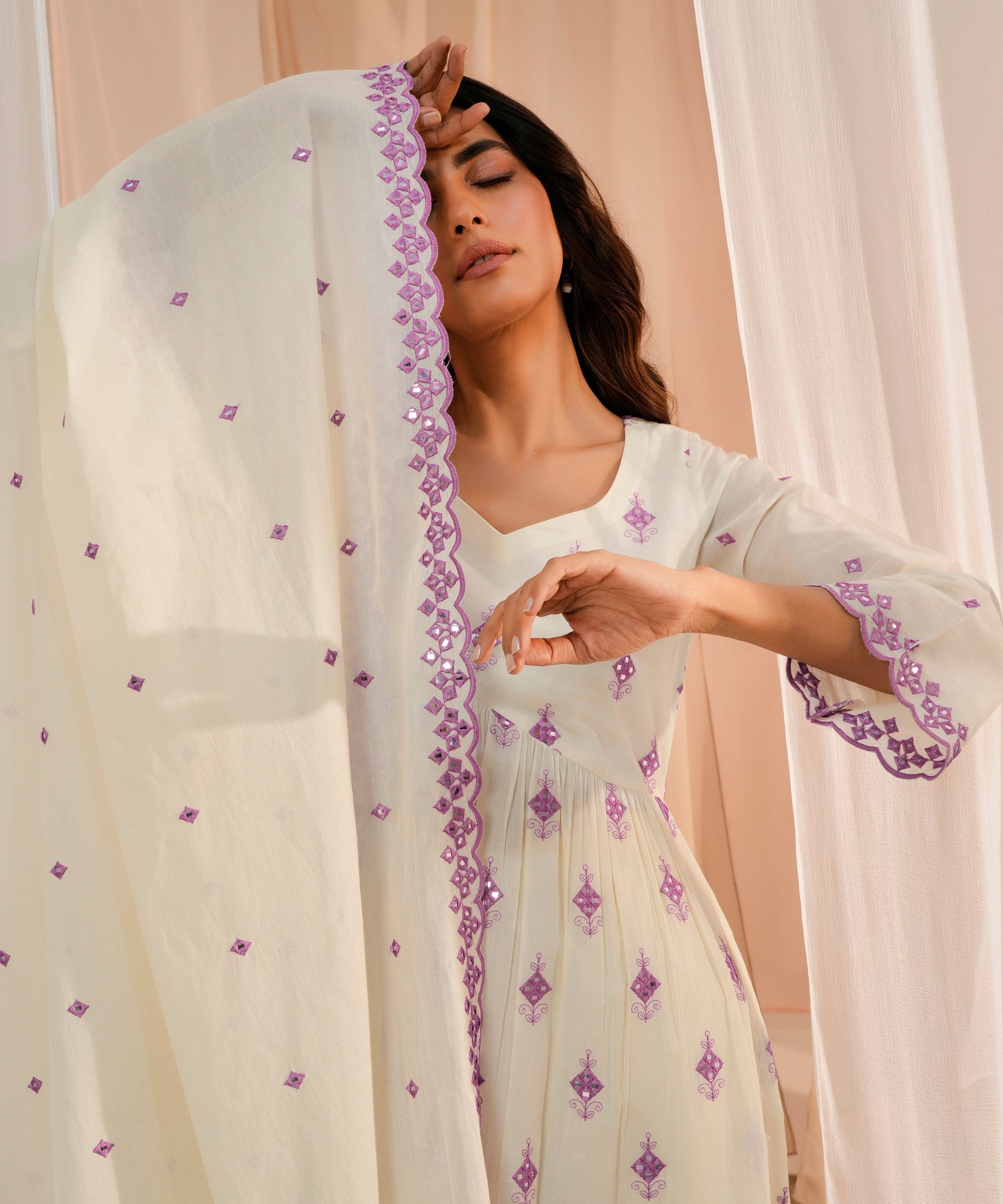 Off White Embroidered Cotton Anarkali Suit With Dupatta