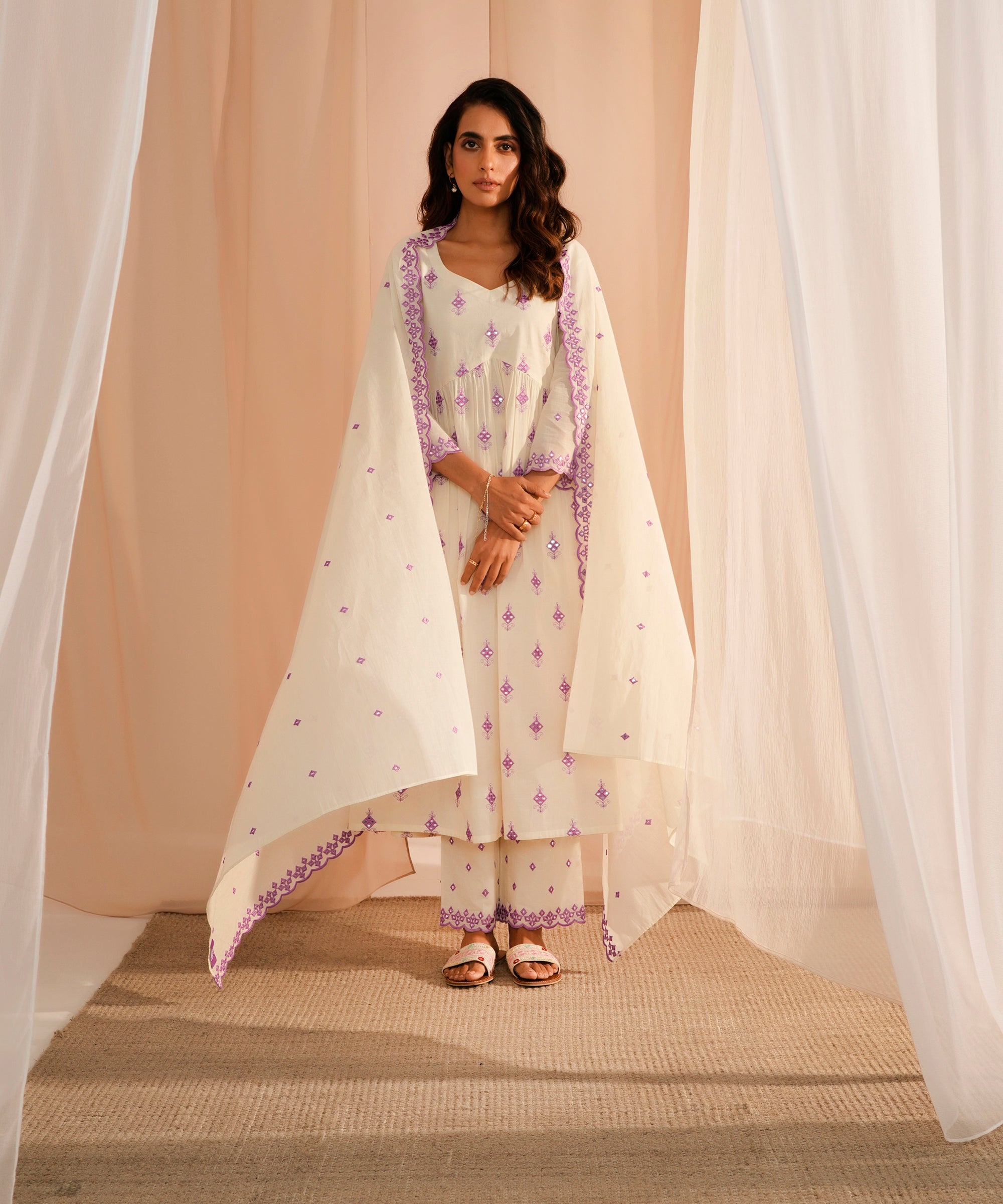 Off White Embroidered Cotton Anarkali Suit With Dupatta