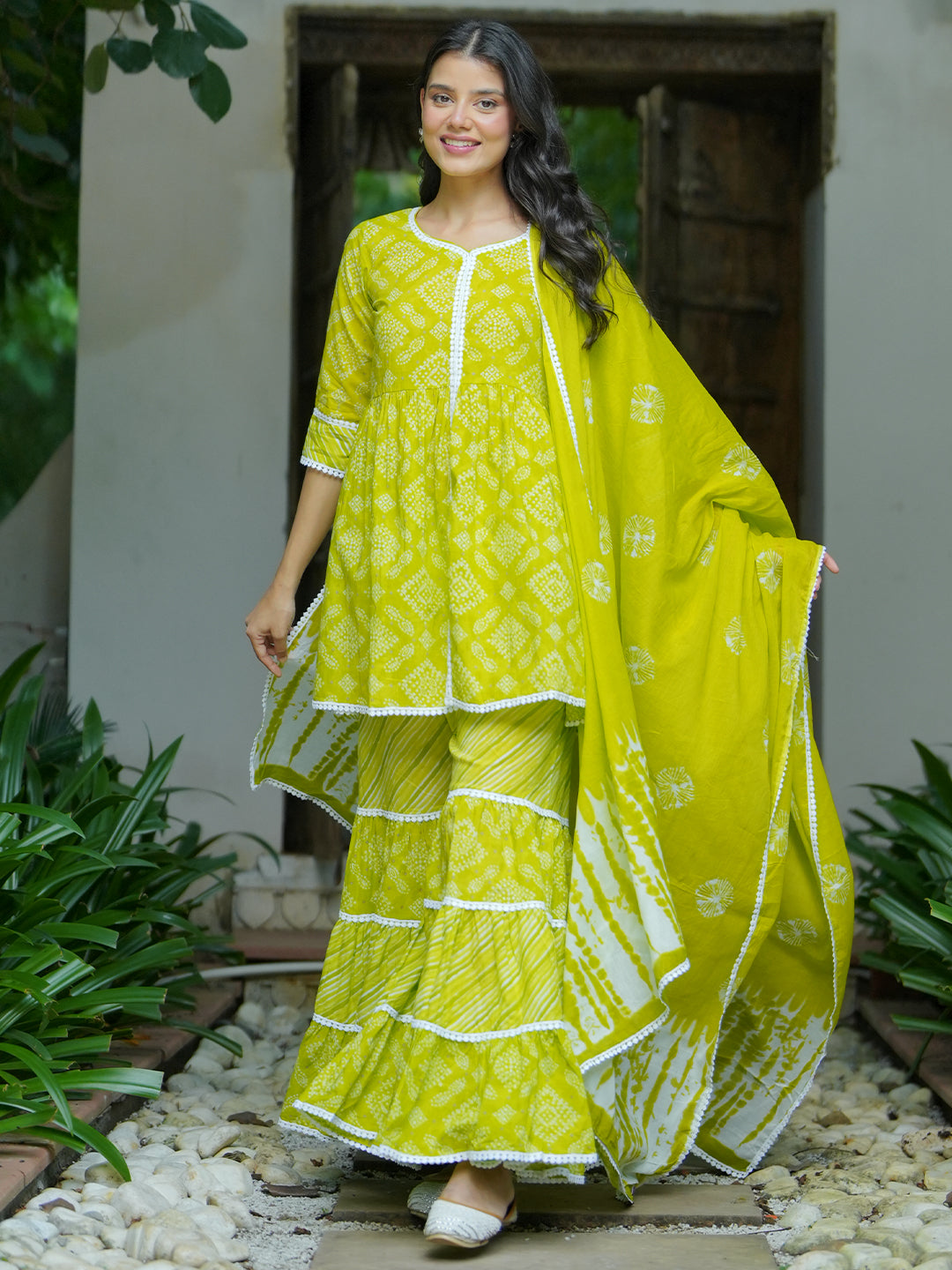 Green Printed Cotton A-Line Kurti With Sharara & Dupatta