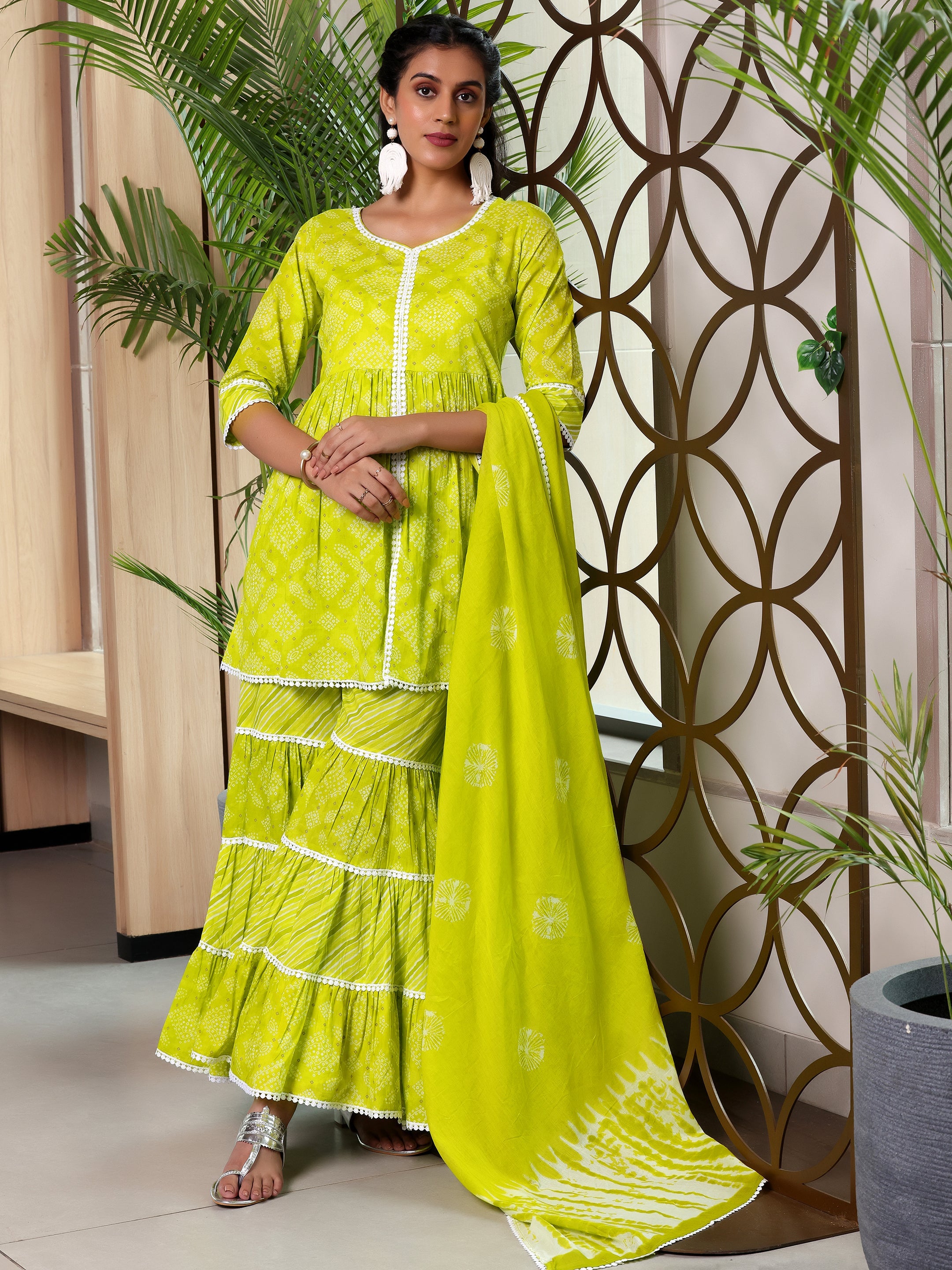 Green Printed Cotton A-Line Kurti With Sharara & Dupatta