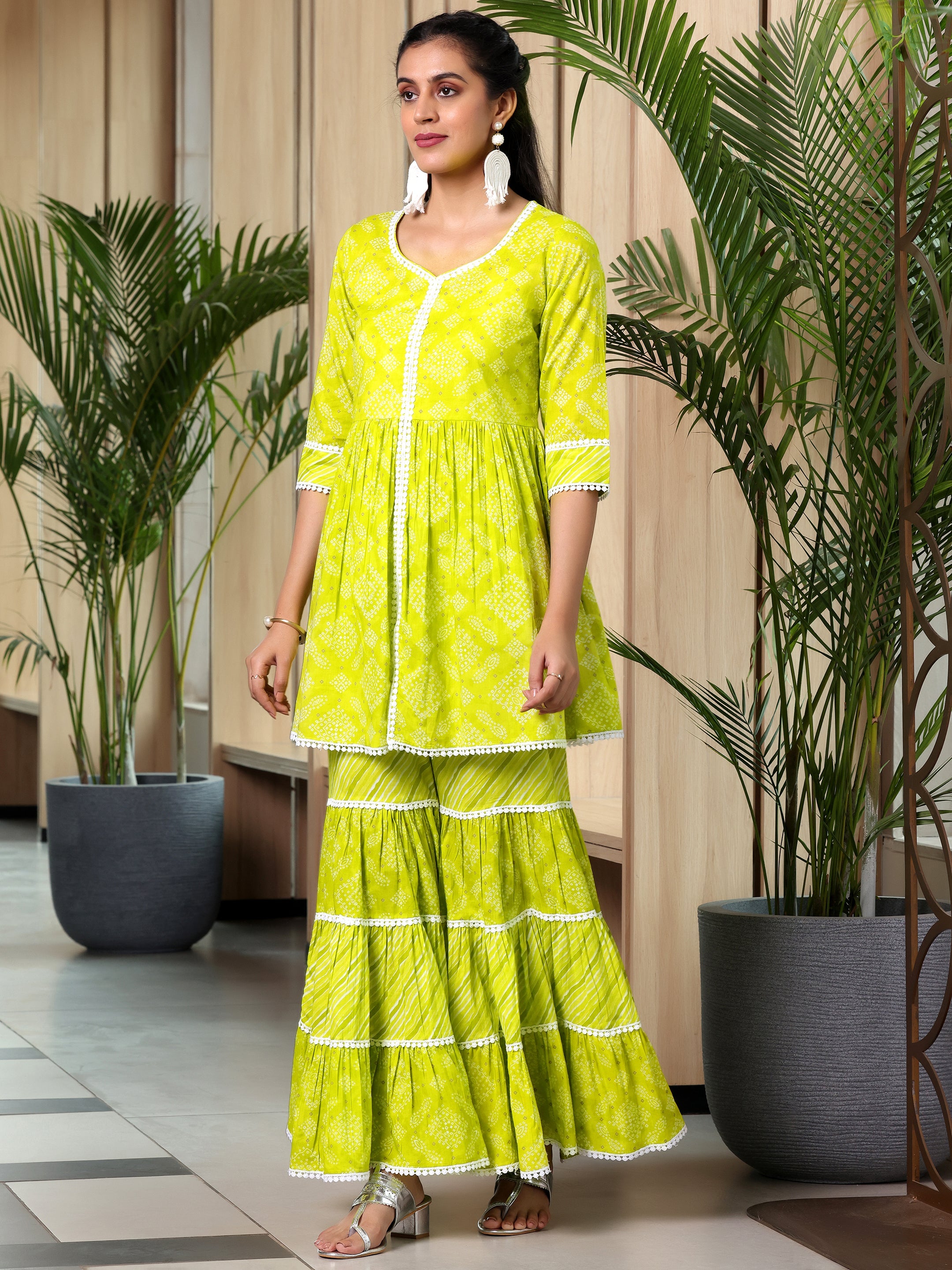 Green Printed Cotton A-Line Kurti With Sharara & Dupatta