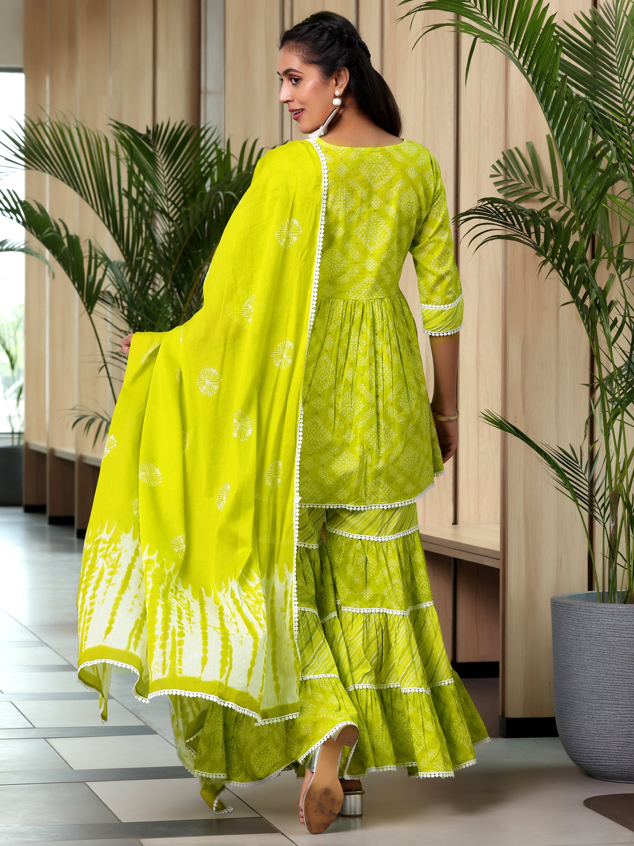 Green Printed Cotton A-Line Kurti With Sharara & Dupatta