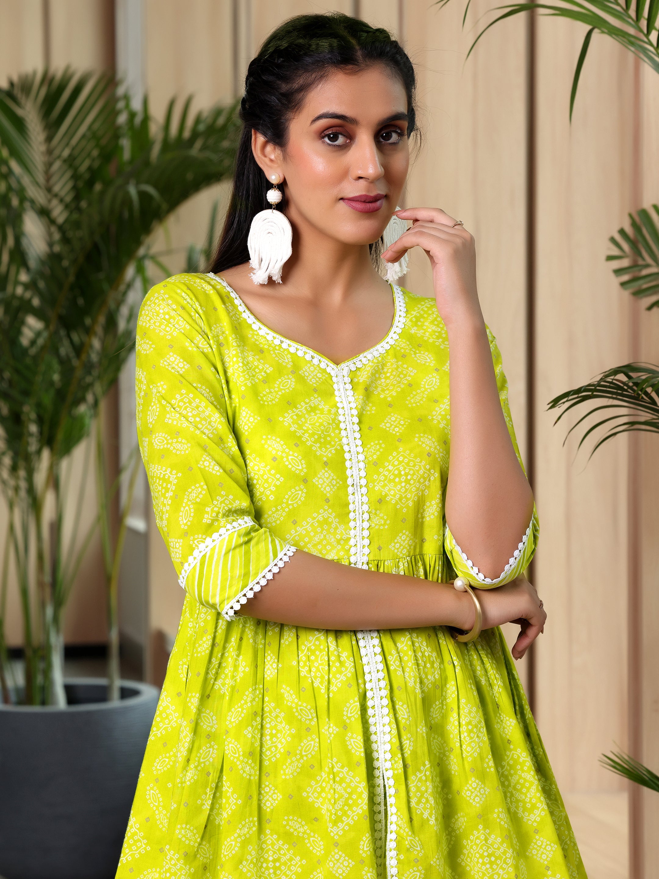 Green Printed Cotton A-Line Kurti With Sharara & Dupatta