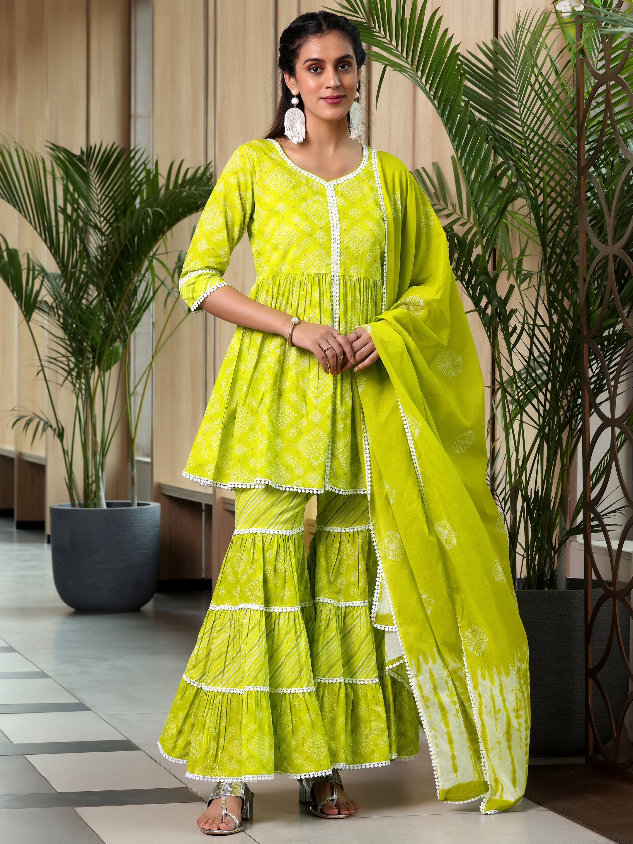 Green Printed Cotton A-Line Kurti With Sharara & Dupatta