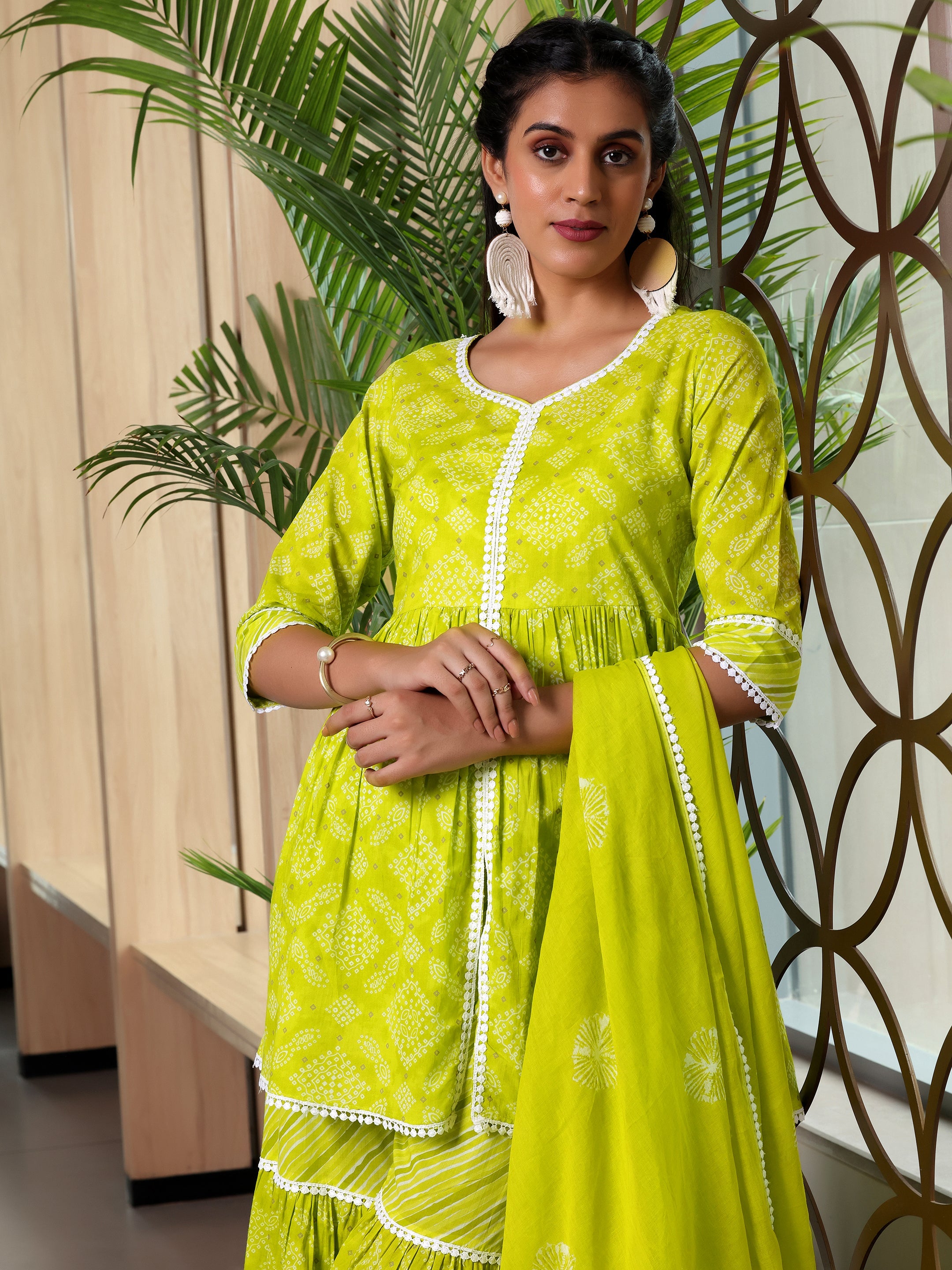 Green Printed Cotton A-Line Kurti With Sharara & Dupatta