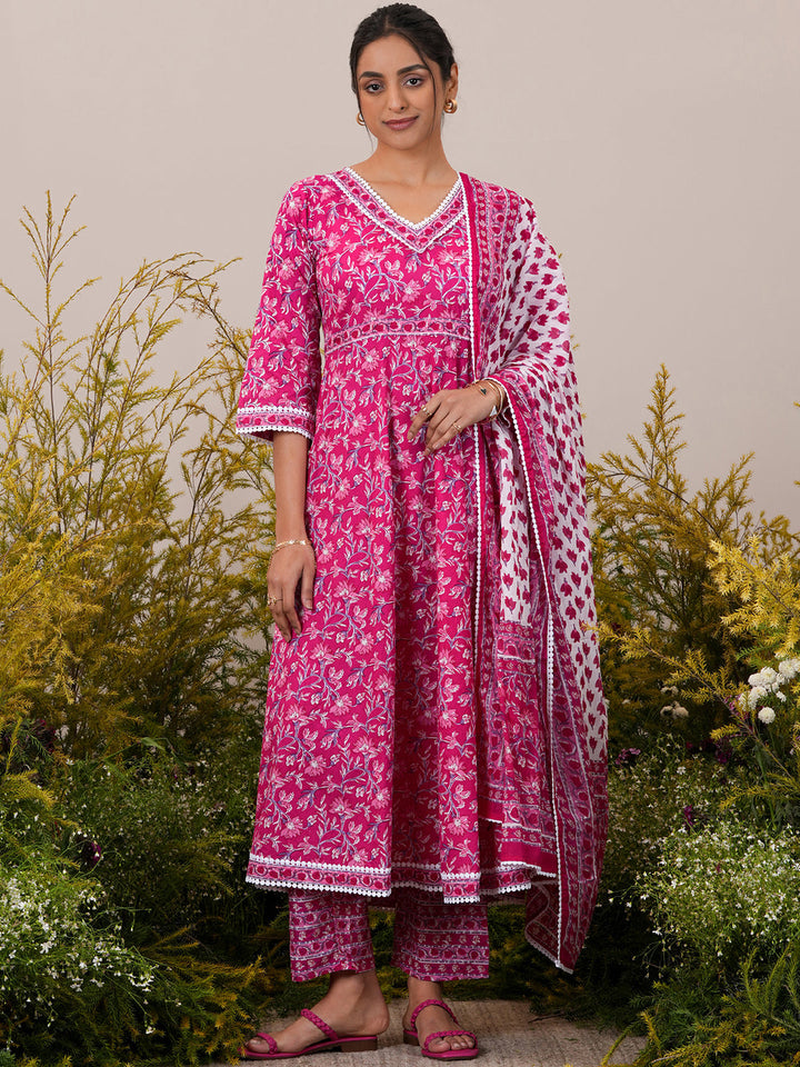 Pink Printed Cotton A-Line Kurta With Trousers & Dupatta - ShopLibas