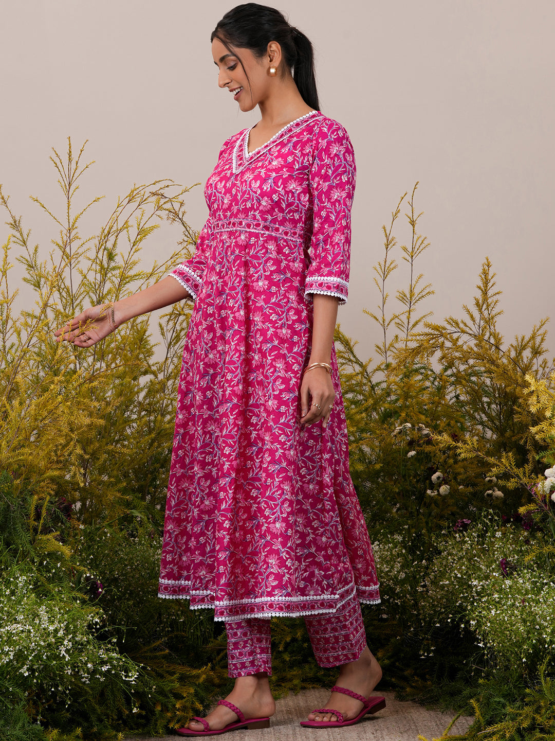 Pink Printed Cotton A-Line Kurta With Trousers & Dupatta