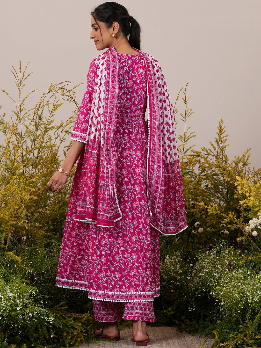 Pink Printed Cotton A-Line Kurta With Trousers & Dupatta - ShopLibas