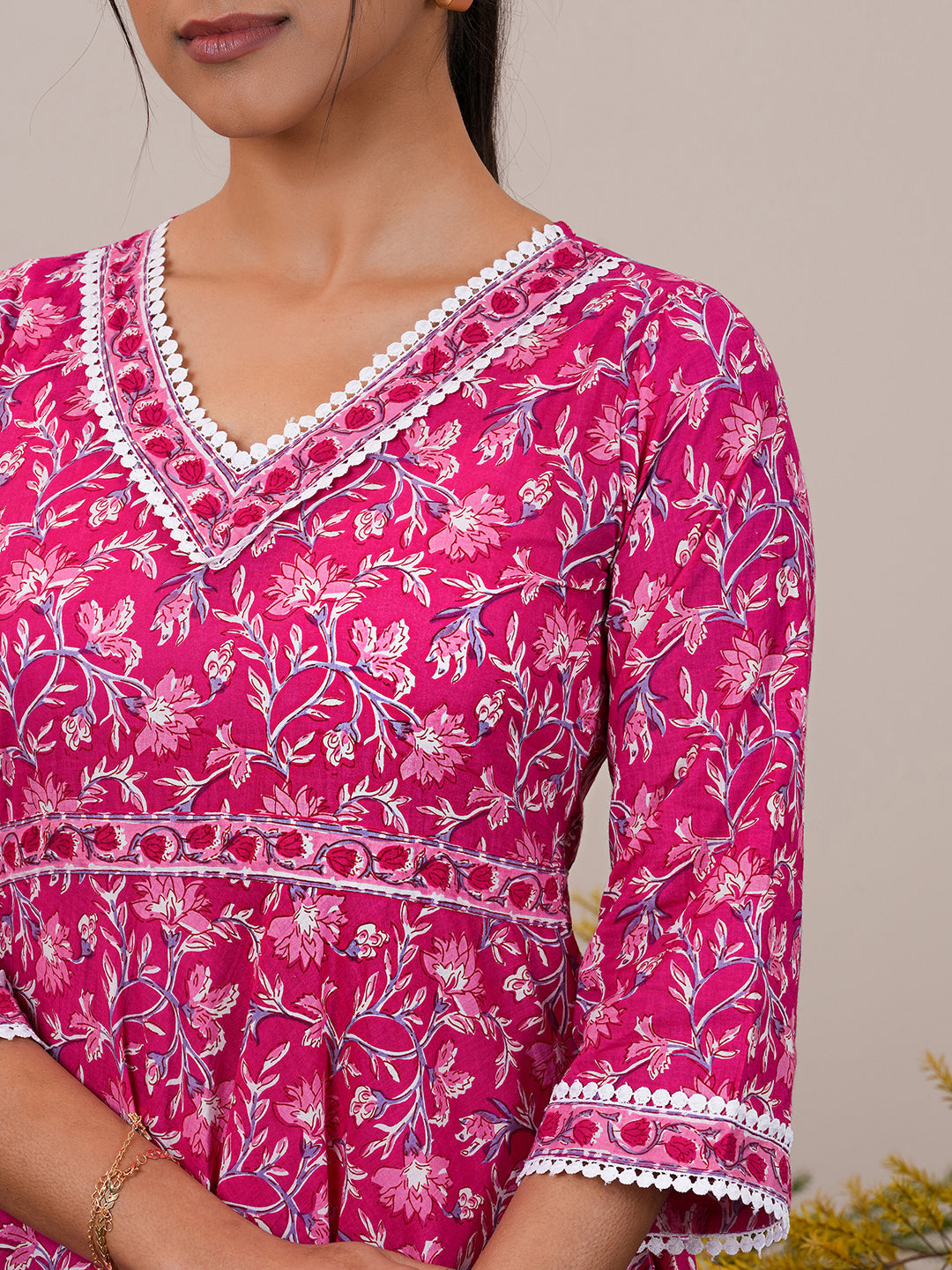 Pink Printed Cotton A-Line Kurta With Trousers & Dupatta - ShopLibas