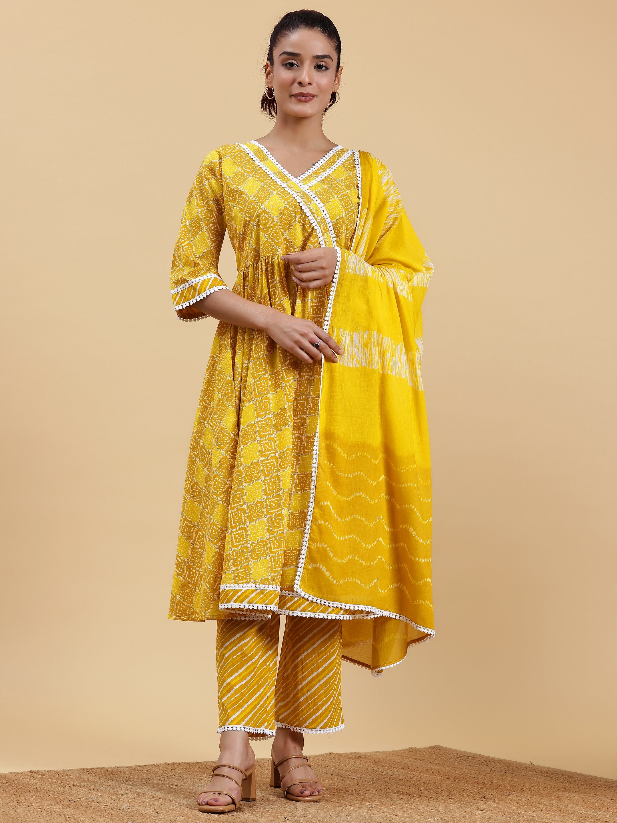 Mustard Printed Cotton A-Line Kurta With Palazzos & Dupatta