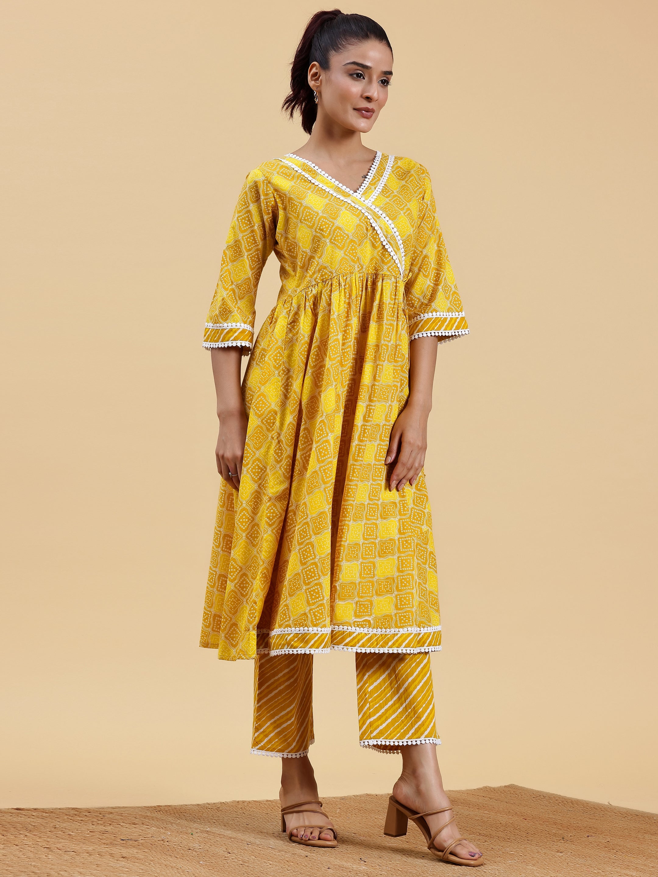 Mustard Printed Cotton A-Line Kurta With Palazzos & Dupatta