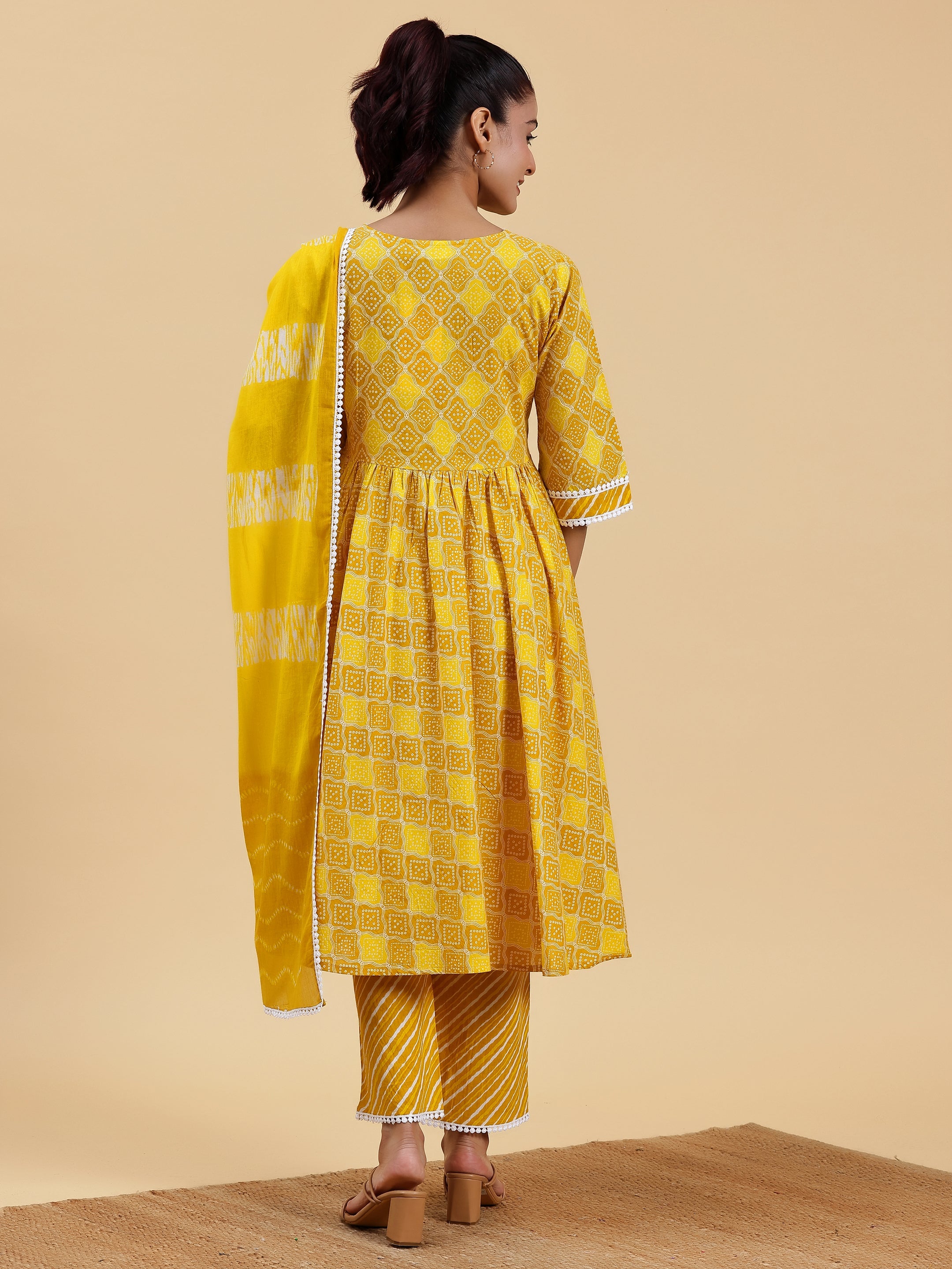 Mustard Printed Cotton A-Line Kurta With Palazzos & Dupatta