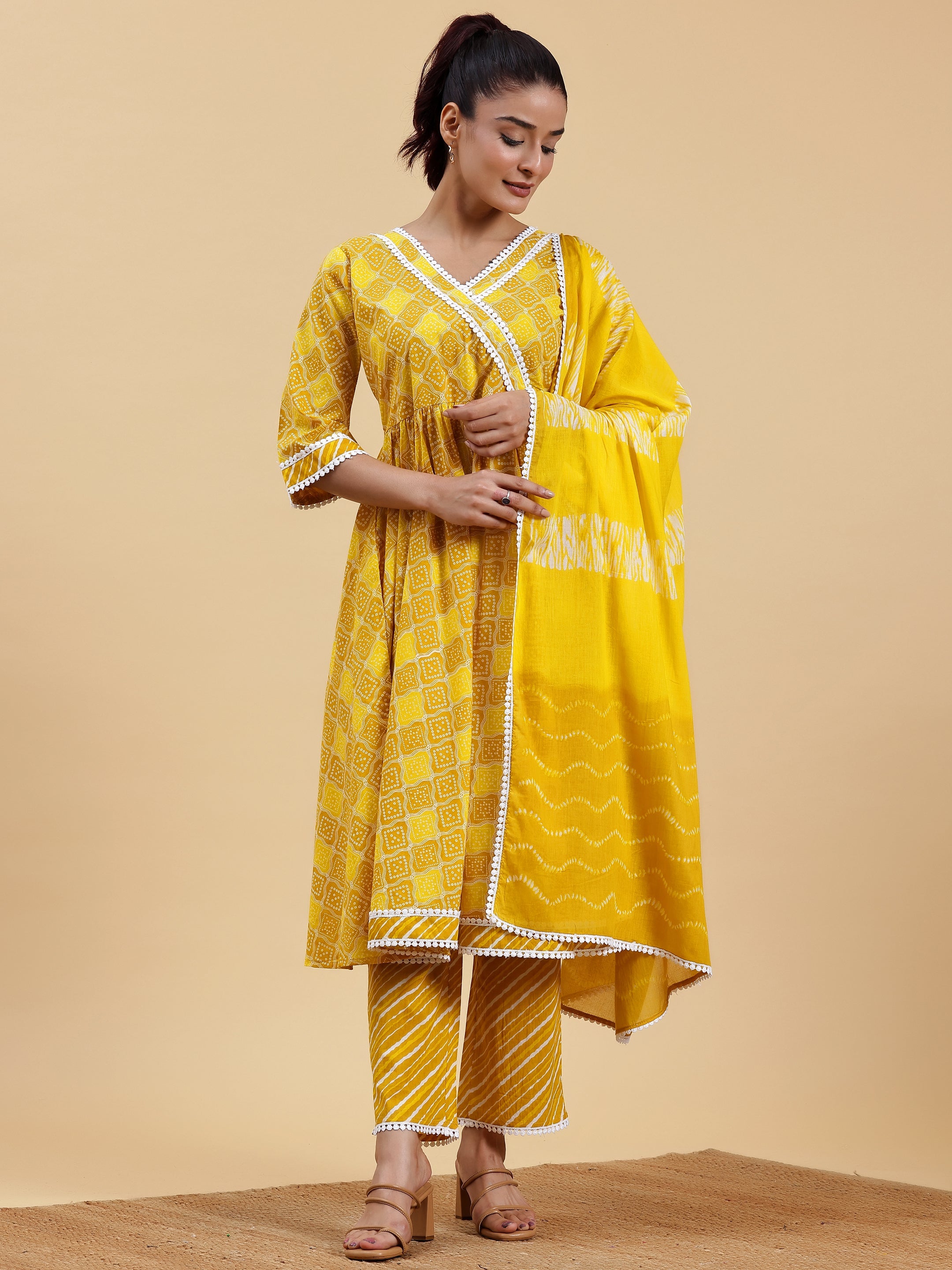 Mustard Printed Cotton A-Line Kurta With Palazzos & Dupatta