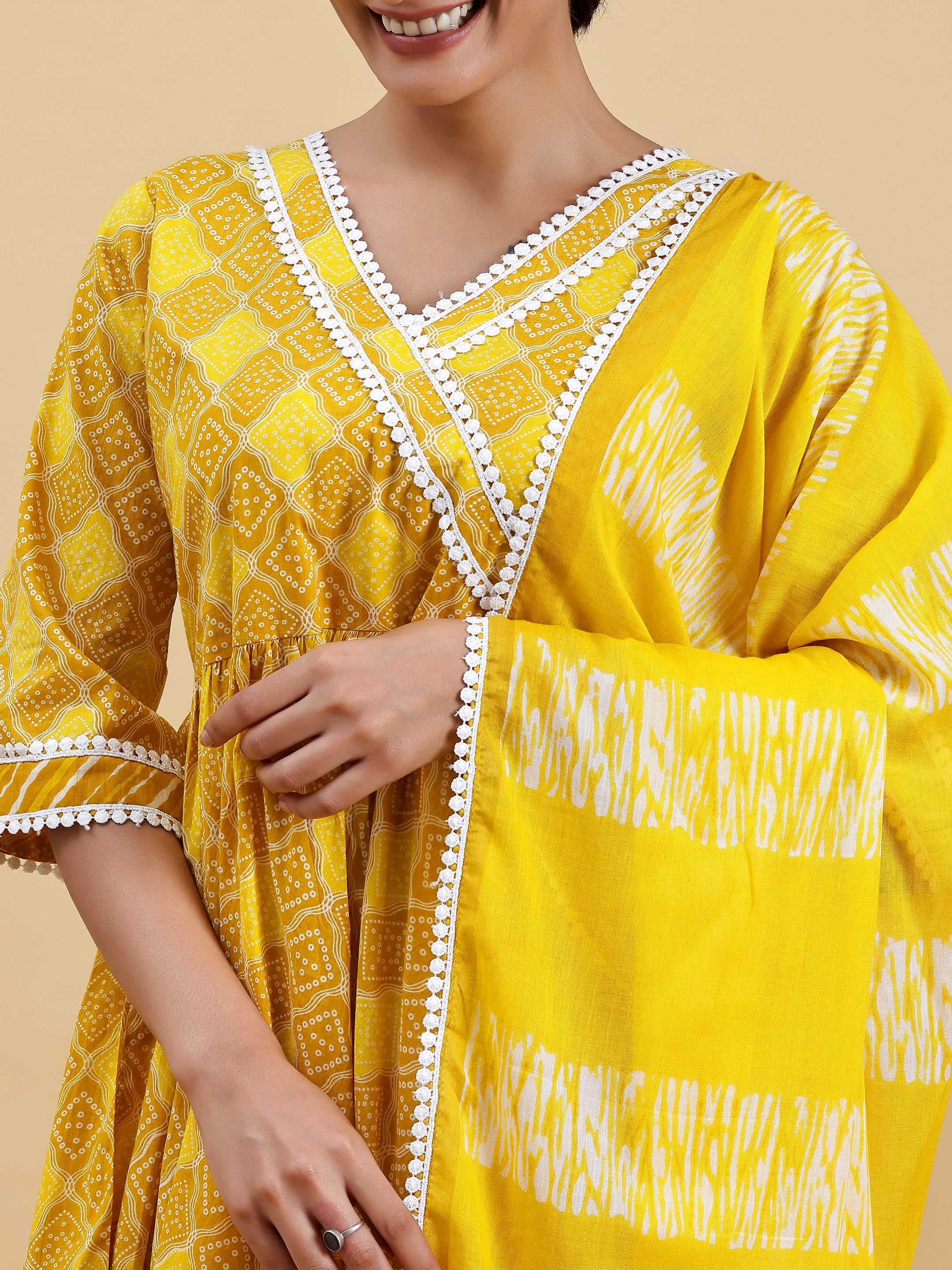 Mustard Printed Cotton A-Line Kurta With Palazzos & Dupatta