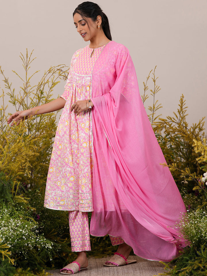 Pink Yoke Design Cotton Anarkali Kurta With Trousers & Dupatta - ShopLibas