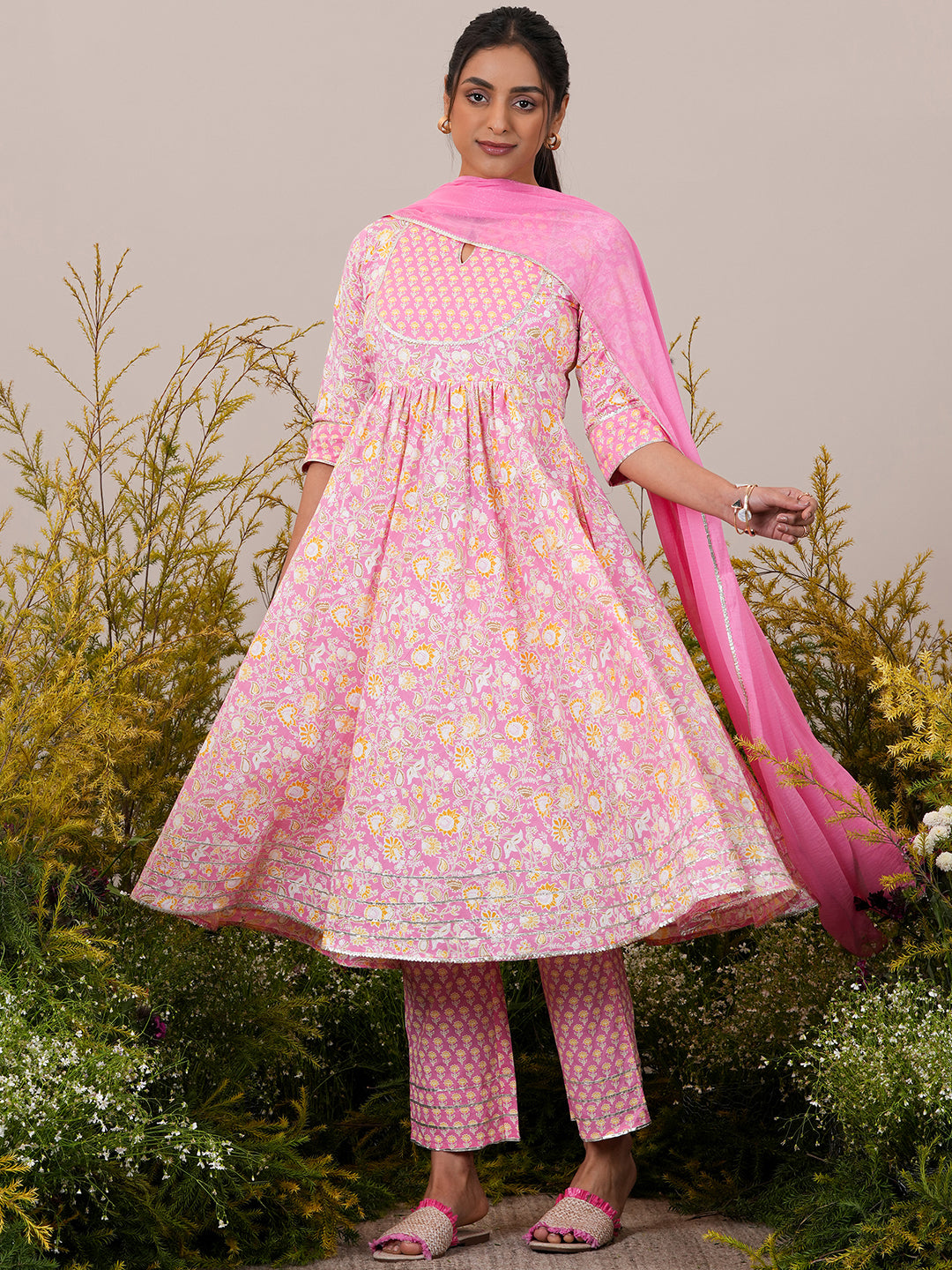Pink Yoke Design Cotton Anarkali Kurta With Trousers & Dupatta - ShopLibas
