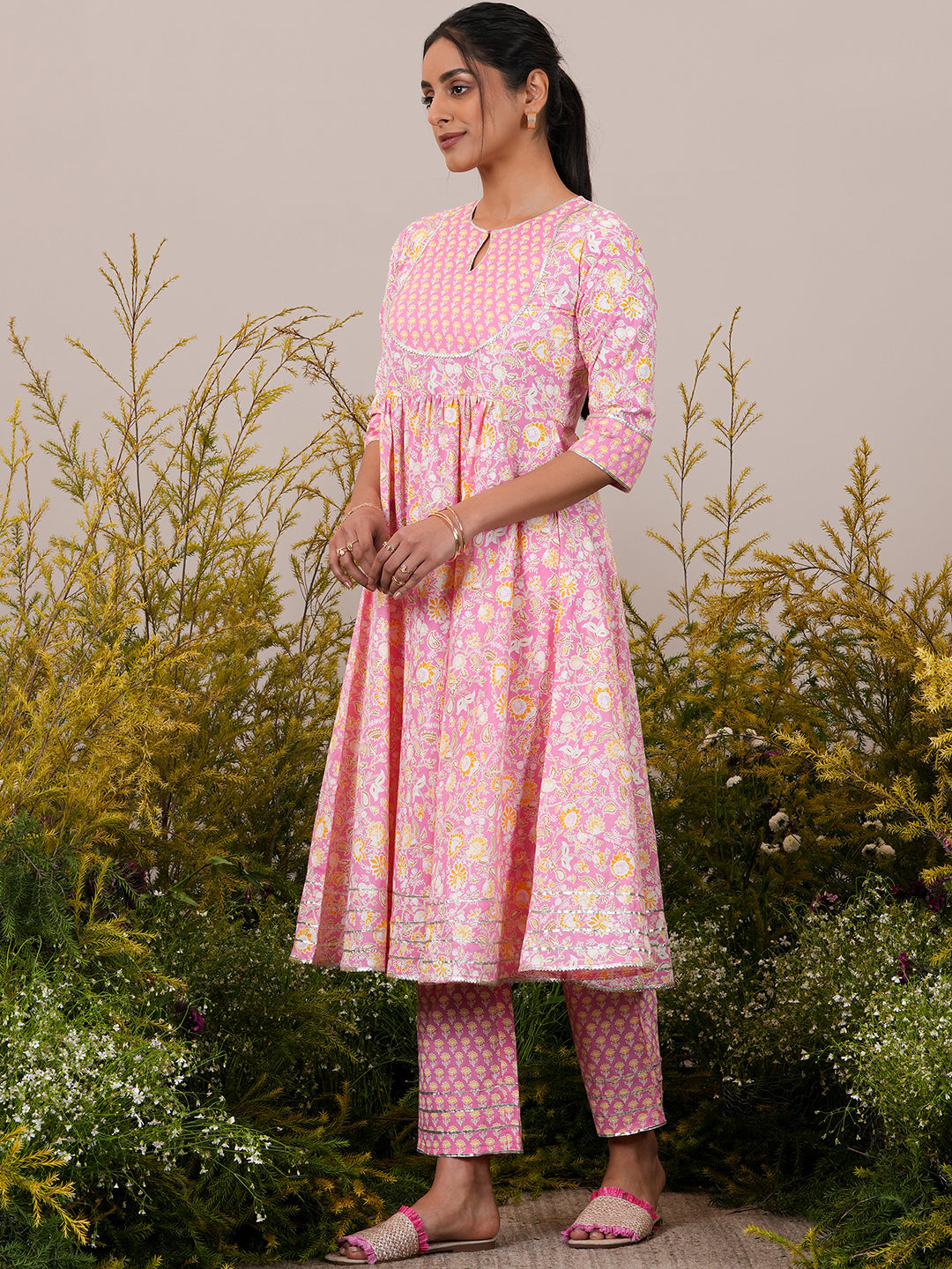 Pink Yoke Design Cotton Anarkali Suit With Dupatta