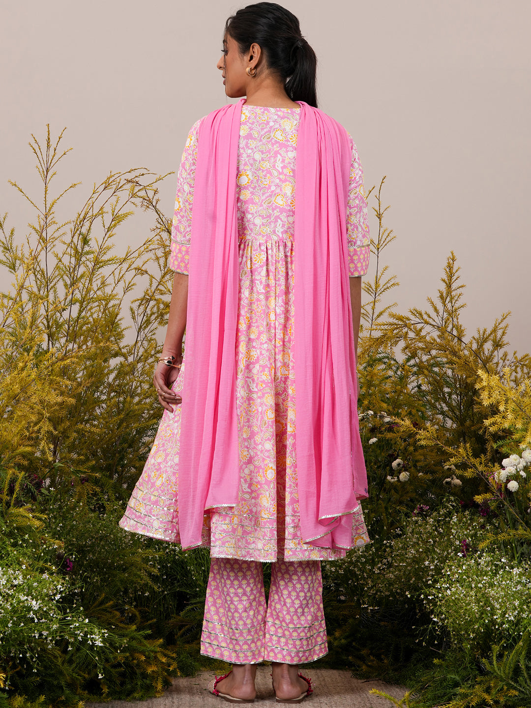 Pink Yoke Design Cotton Anarkali Kurta With Trousers & Dupatta - ShopLibas