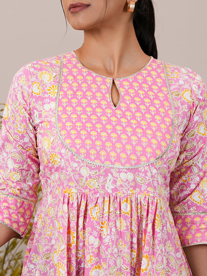 Pink Yoke Design Cotton Anarkali Kurta With Trousers & Dupatta - ShopLibas