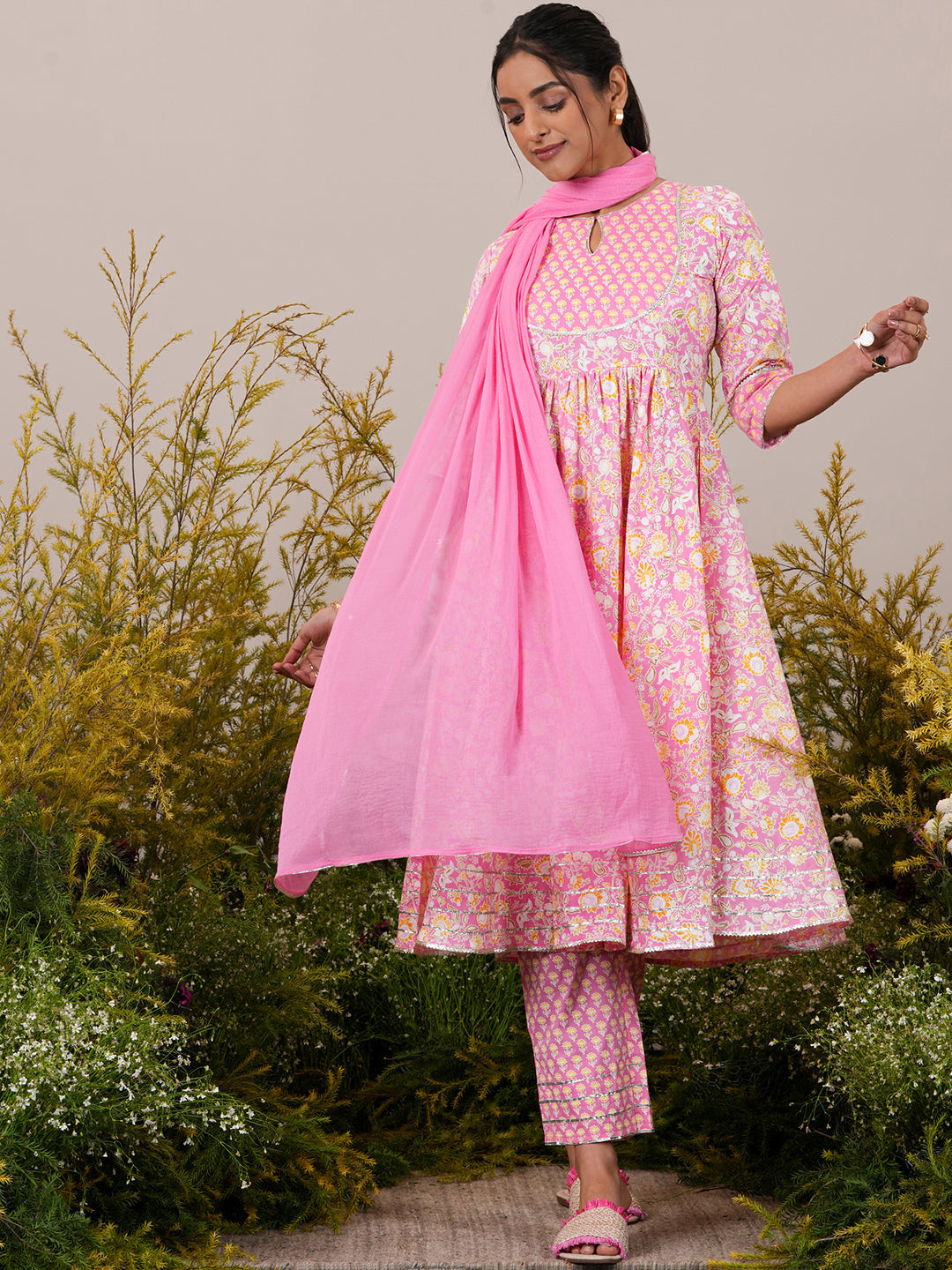 Pink Yoke Design Cotton Anarkali Kurta With Trousers & Dupatta - ShopLibas