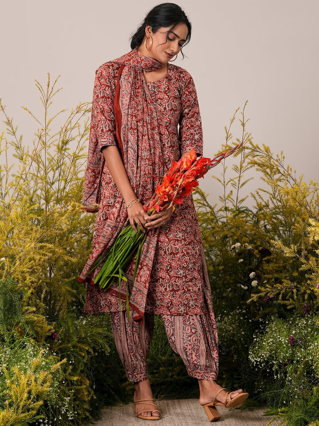 Rust Printed Cotton Straight Kurta With Salwar & Dupatta - ShopLibas