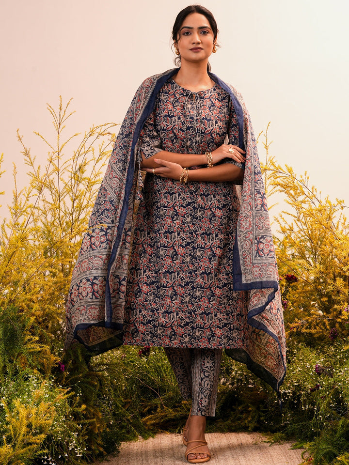 Blue Printed Cotton Straight Kurta With Trousers & Dupatta - ShopLibas