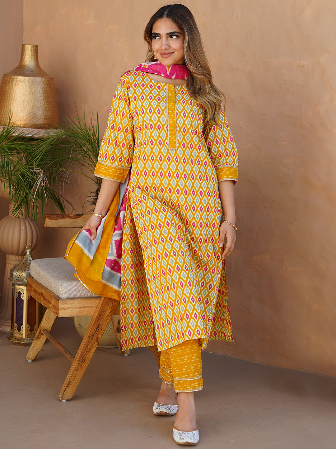 Mustard Printed Cotton Straight Suit With Dupatta