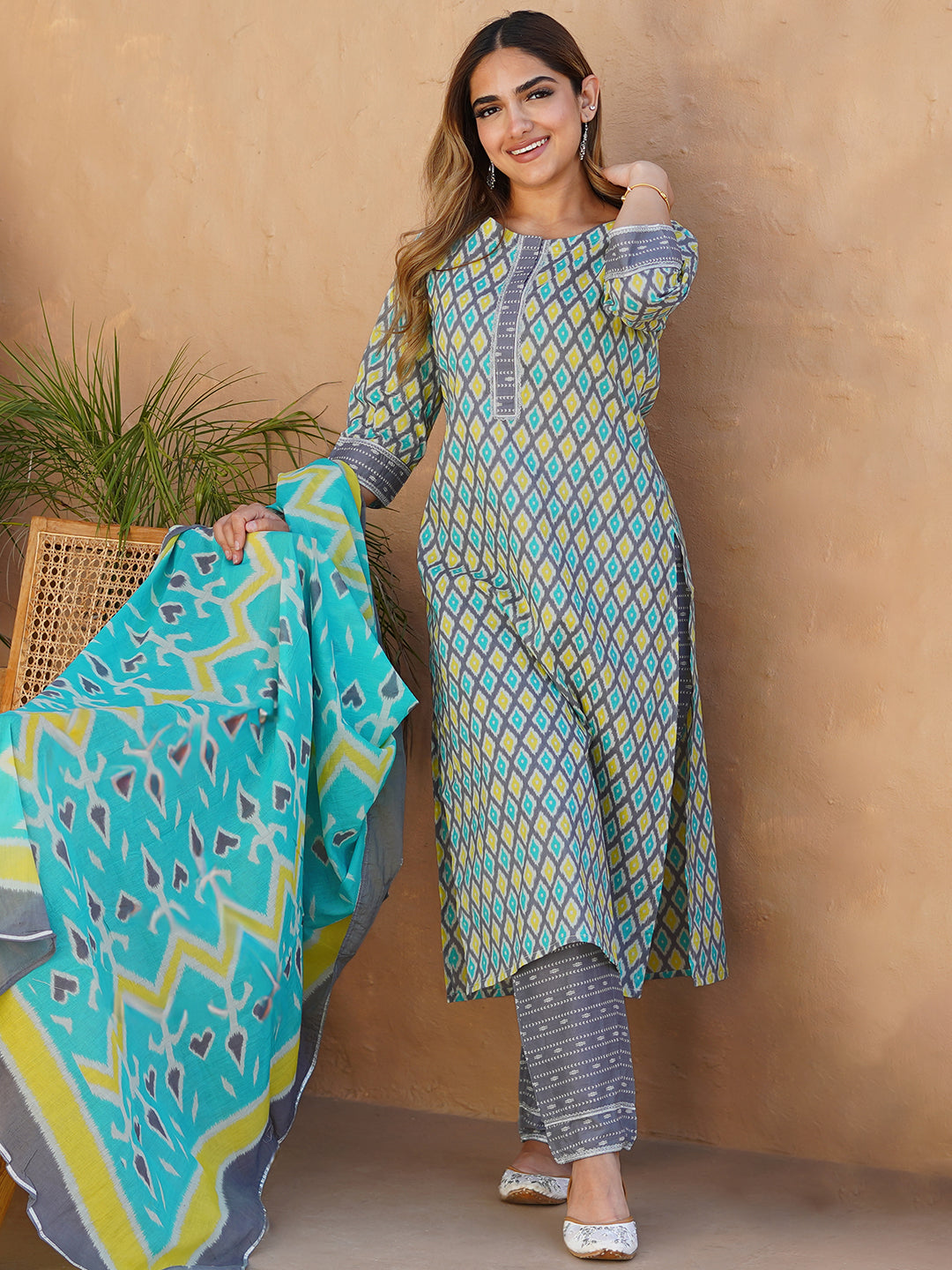 Grey Printed Cotton Straight Suit With Dupatta