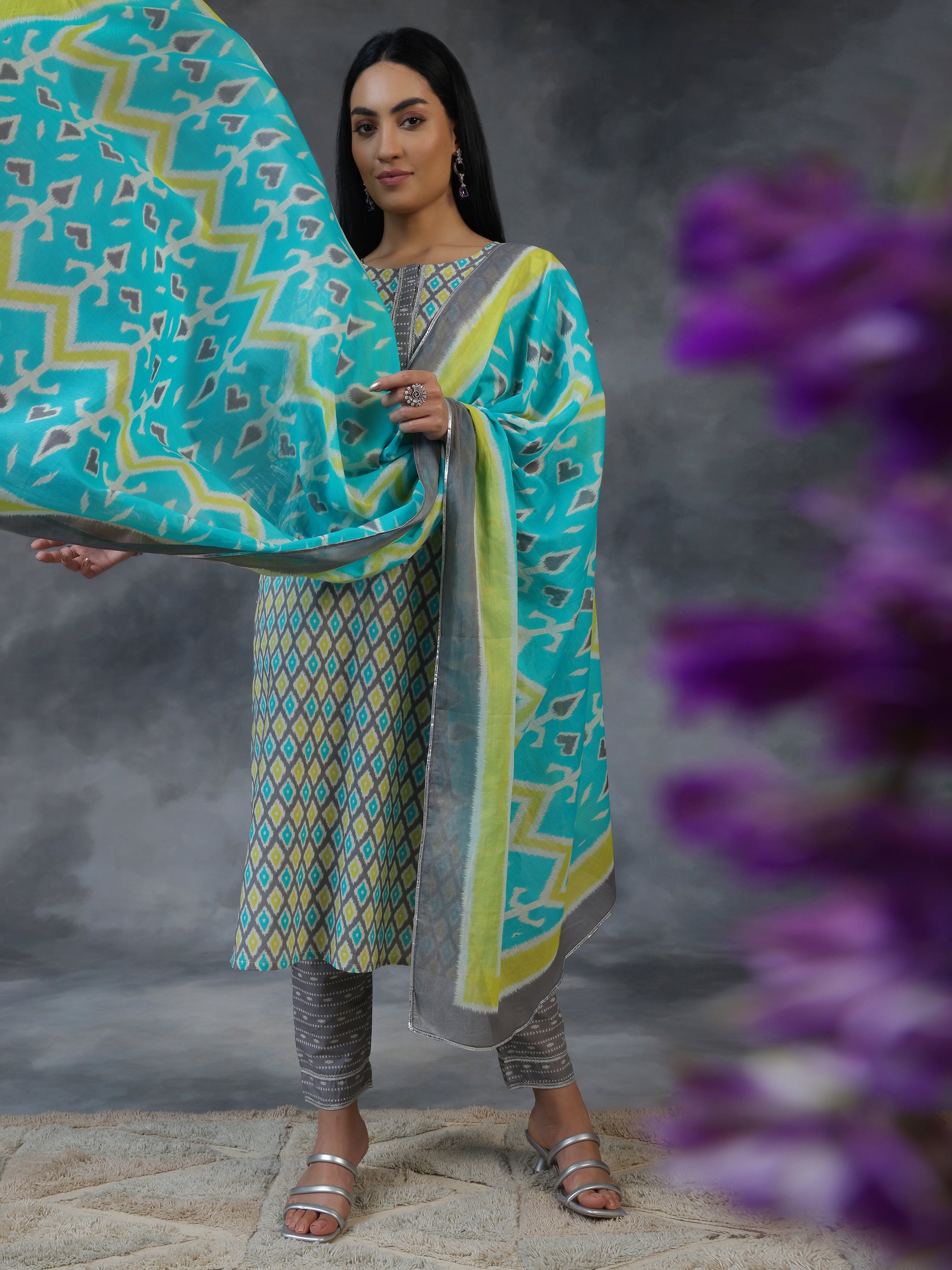 Grey Printed Cotton Straight Suit With Dupatta