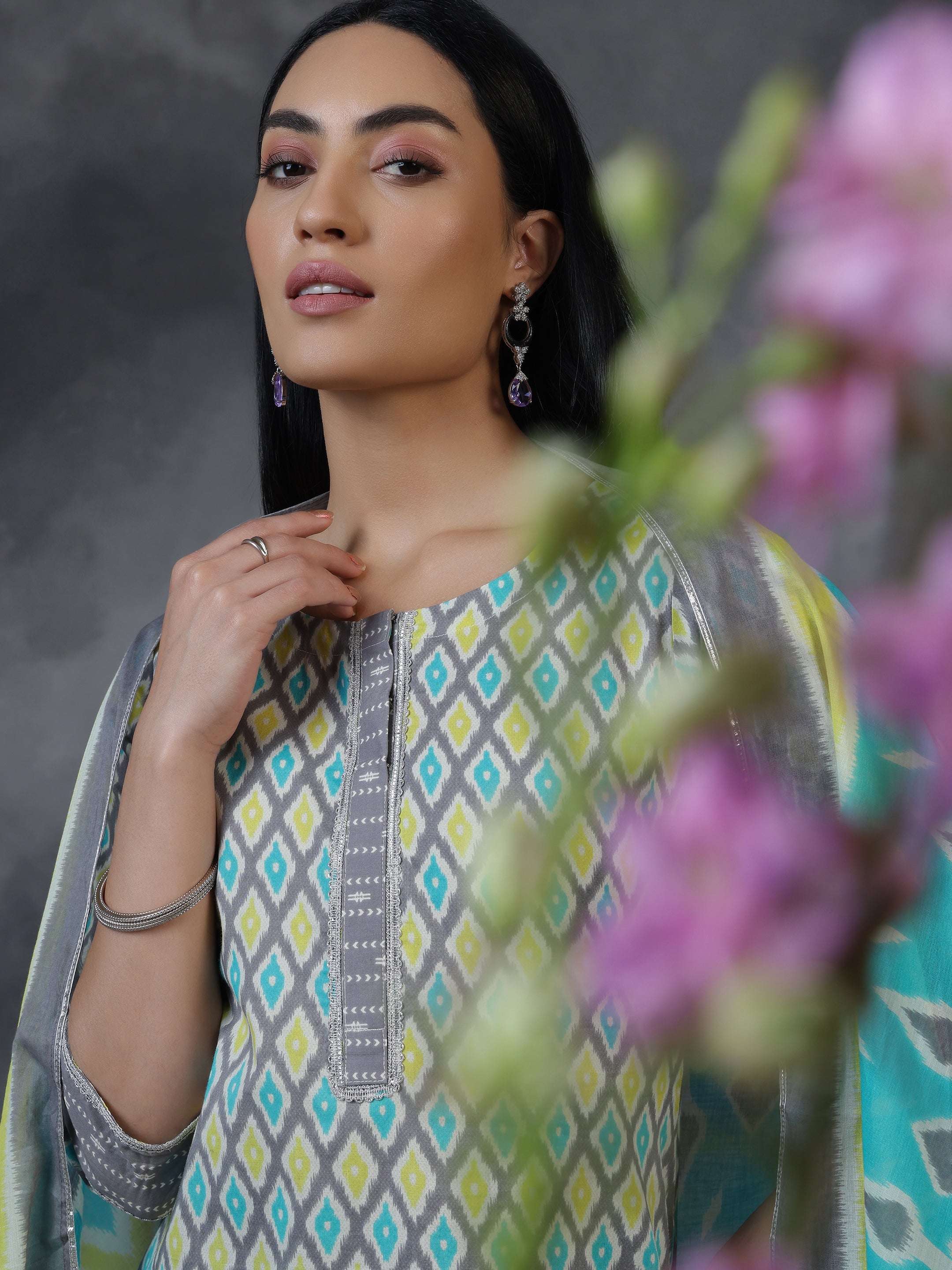 Grey Printed Cotton Straight Suit With Dupatta