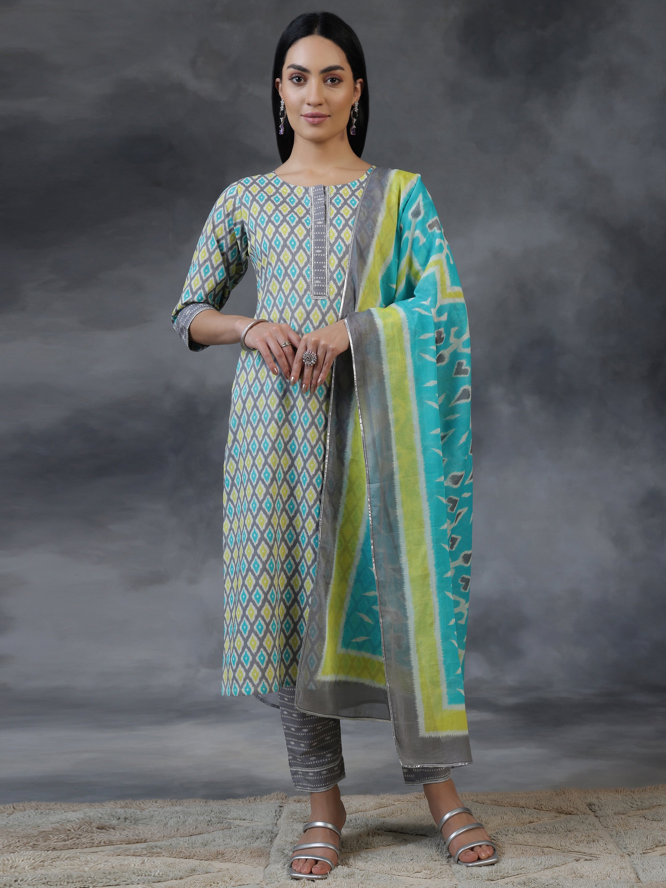 Grey Printed Cotton Straight Suit With Dupatta