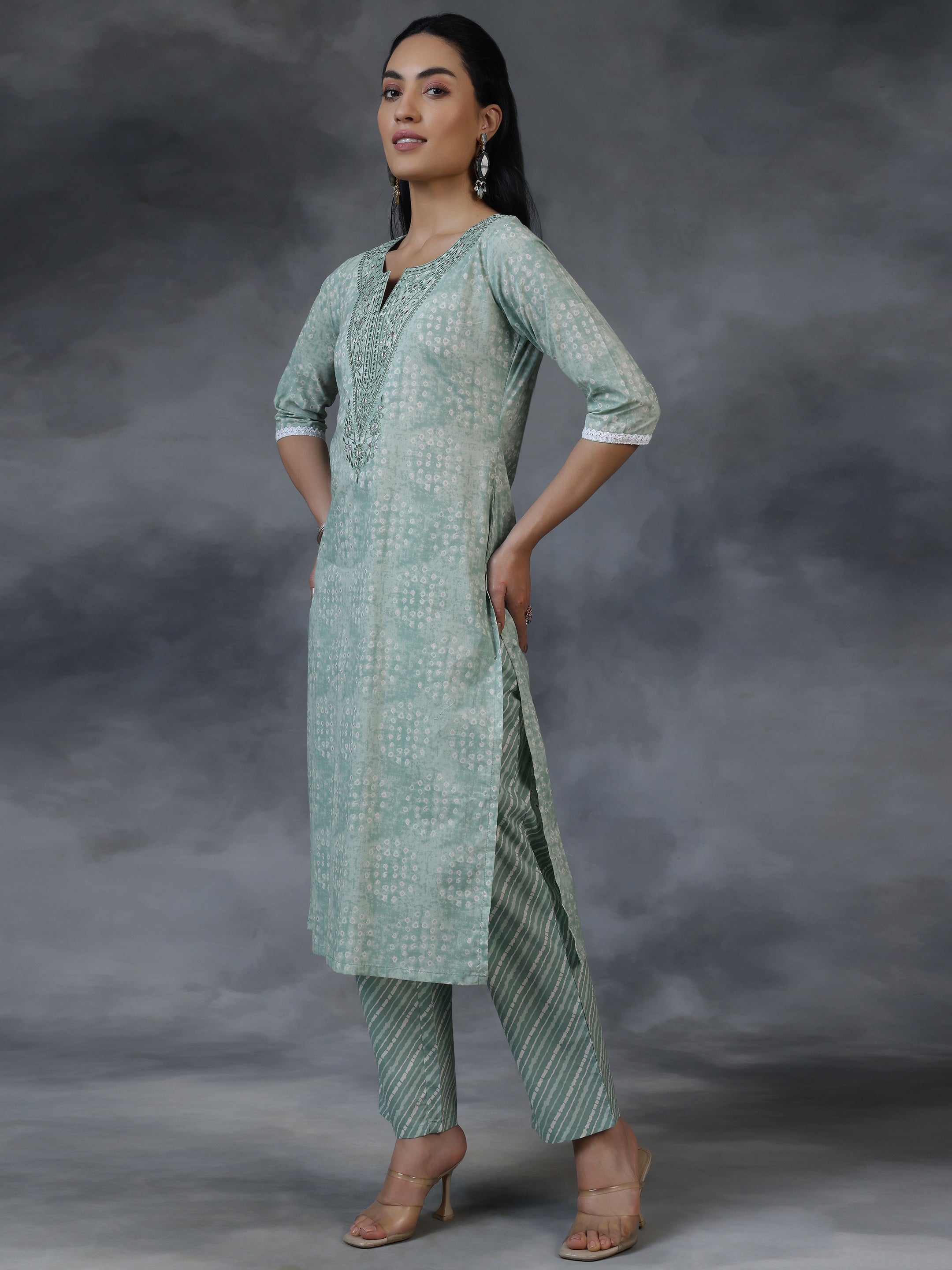 Green Printed Cotton Straight Suit With Dupatta