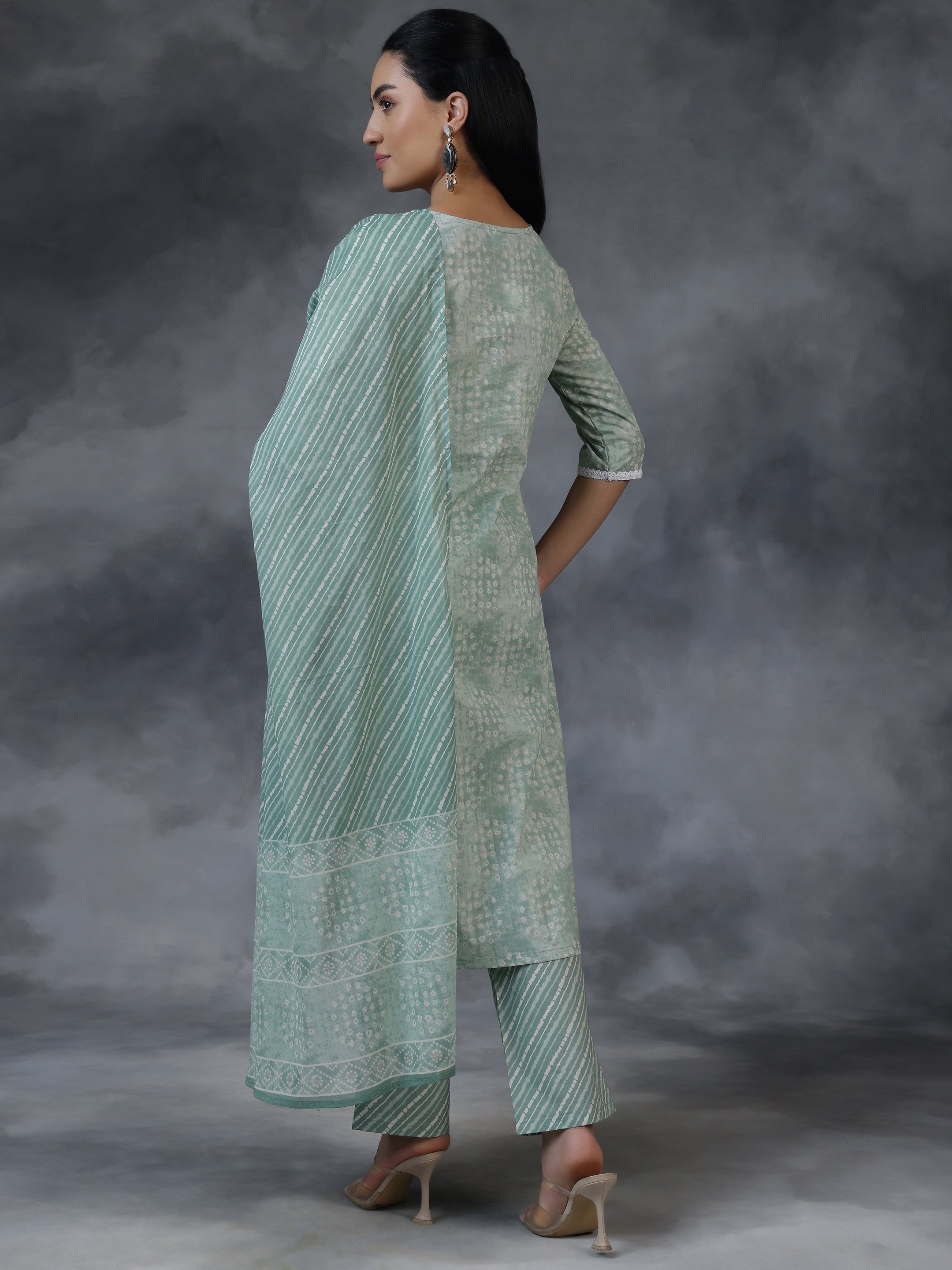 Green Printed Cotton Straight Suit With Dupatta