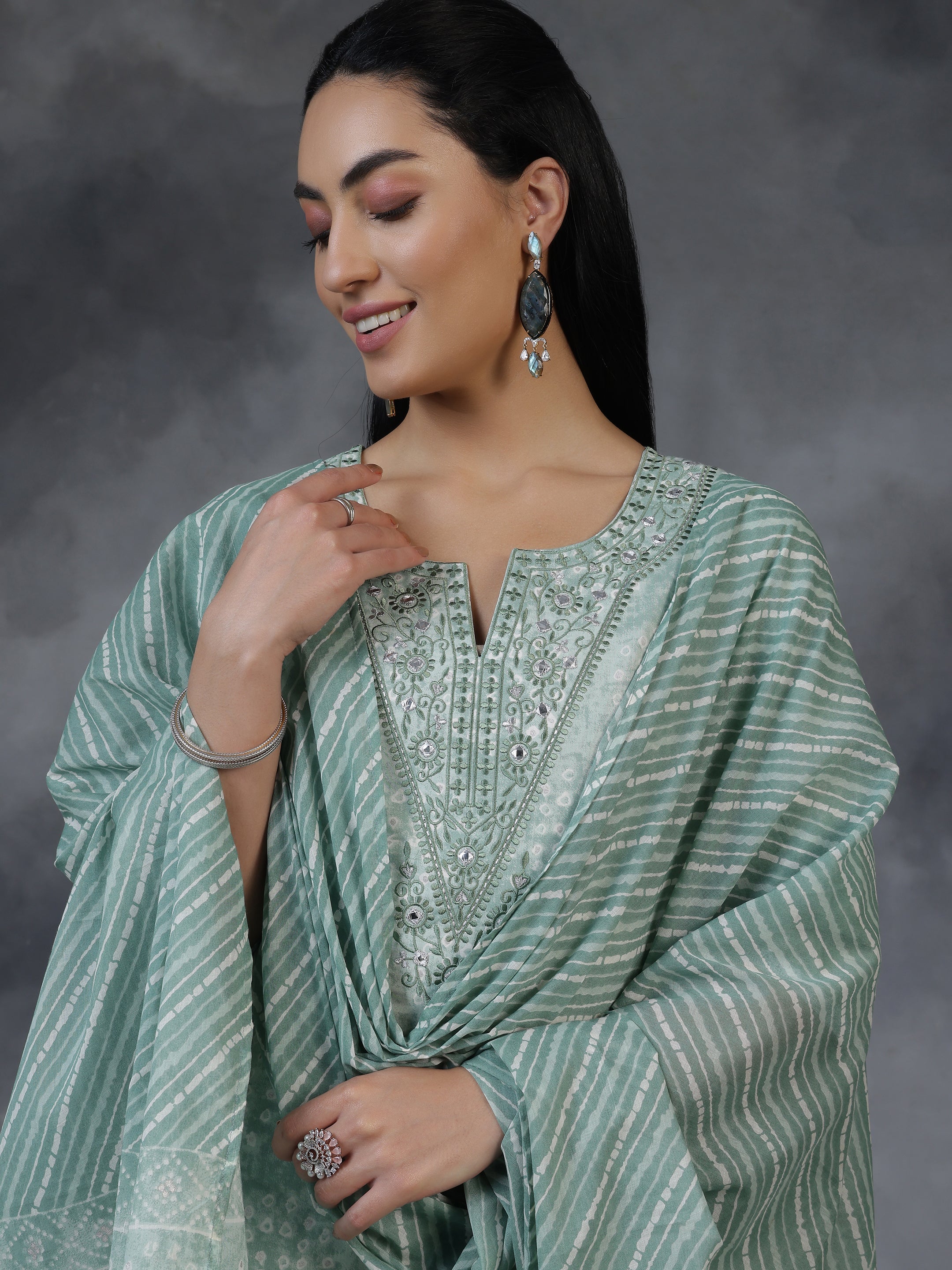 Green Printed Cotton Straight Suit With Dupatta