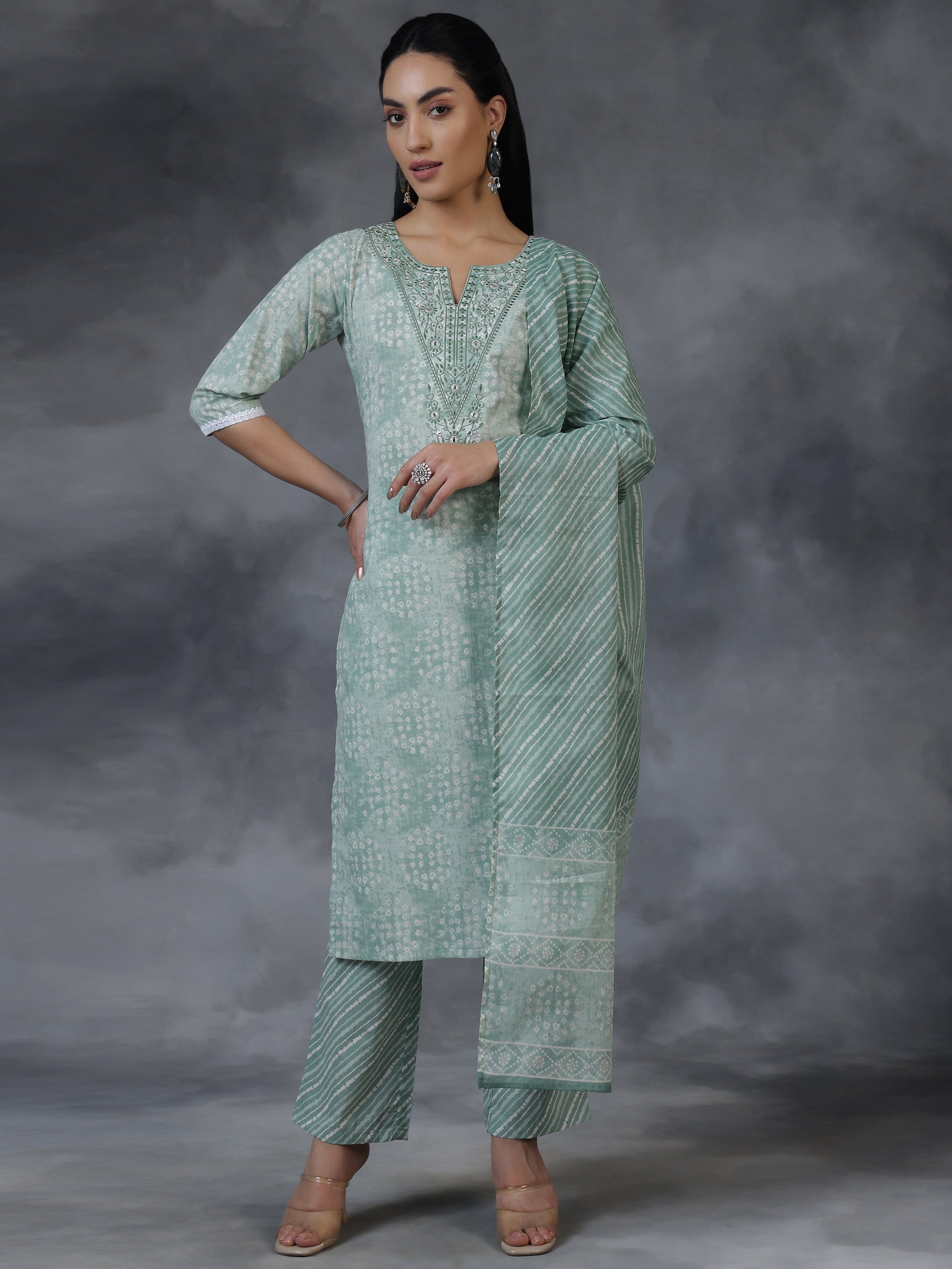 Green Printed Cotton Straight Suit With Dupatta