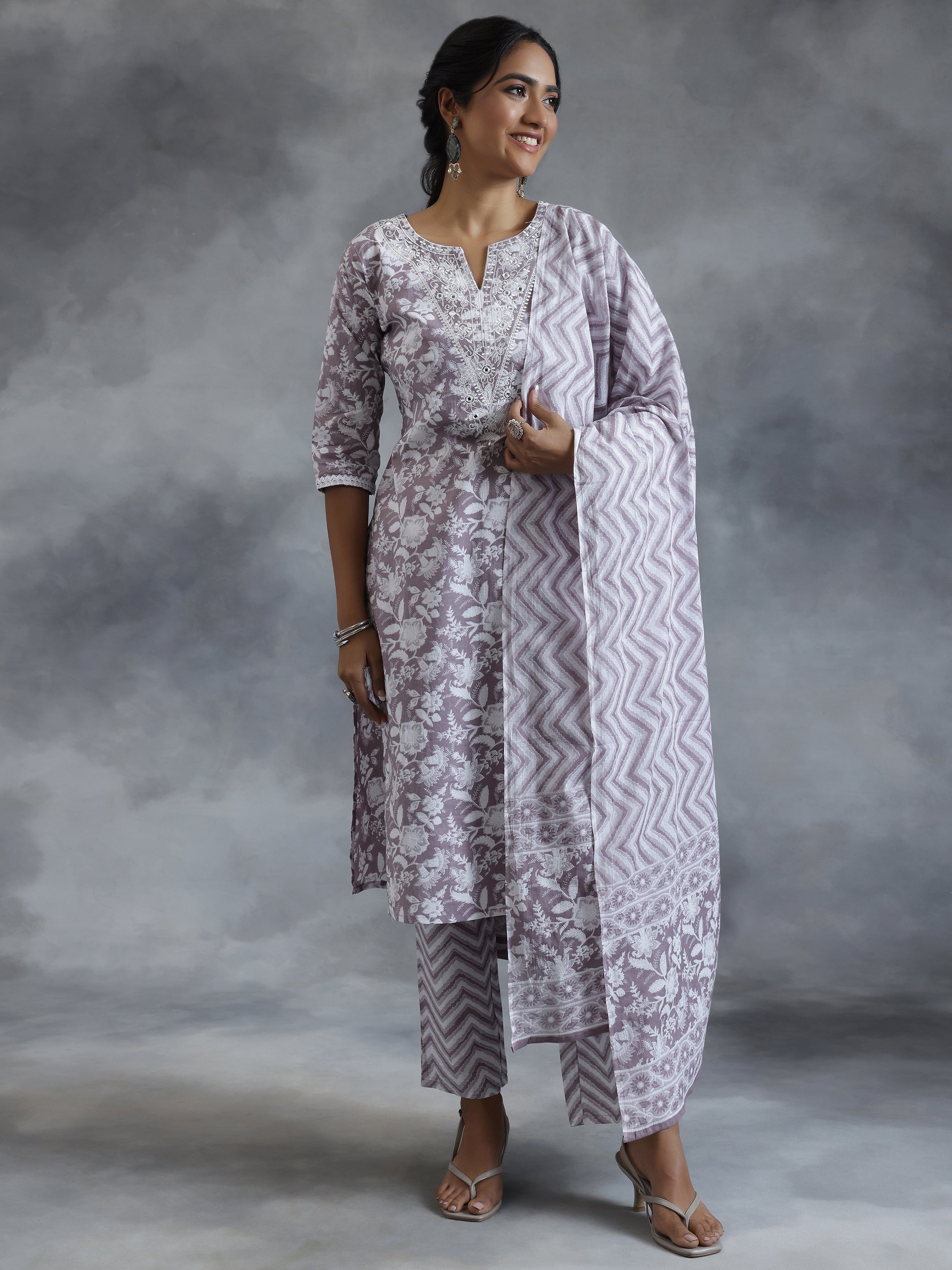 Grey Printed Cotton Straight Suit With Dupatta