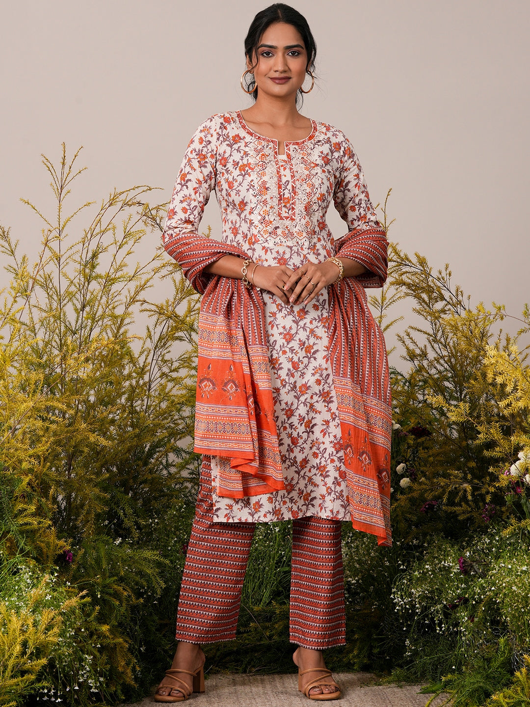 Rust Printed Cotton Straight Suit With Dupatta