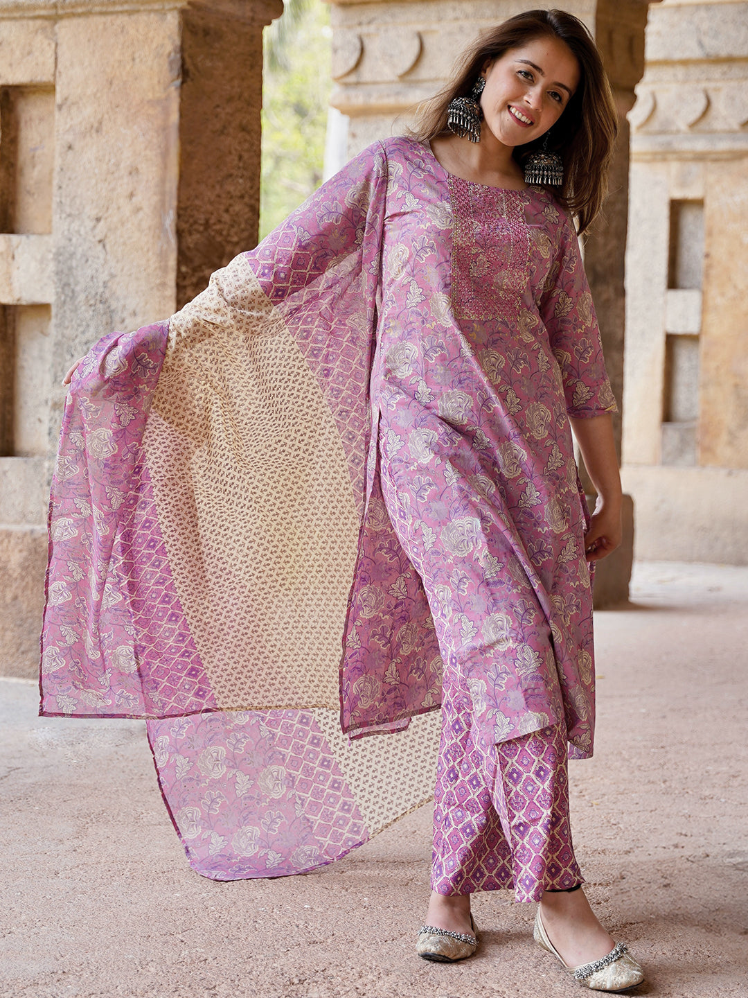 Mauve Printed Cotton Straight Suit With Dupatta