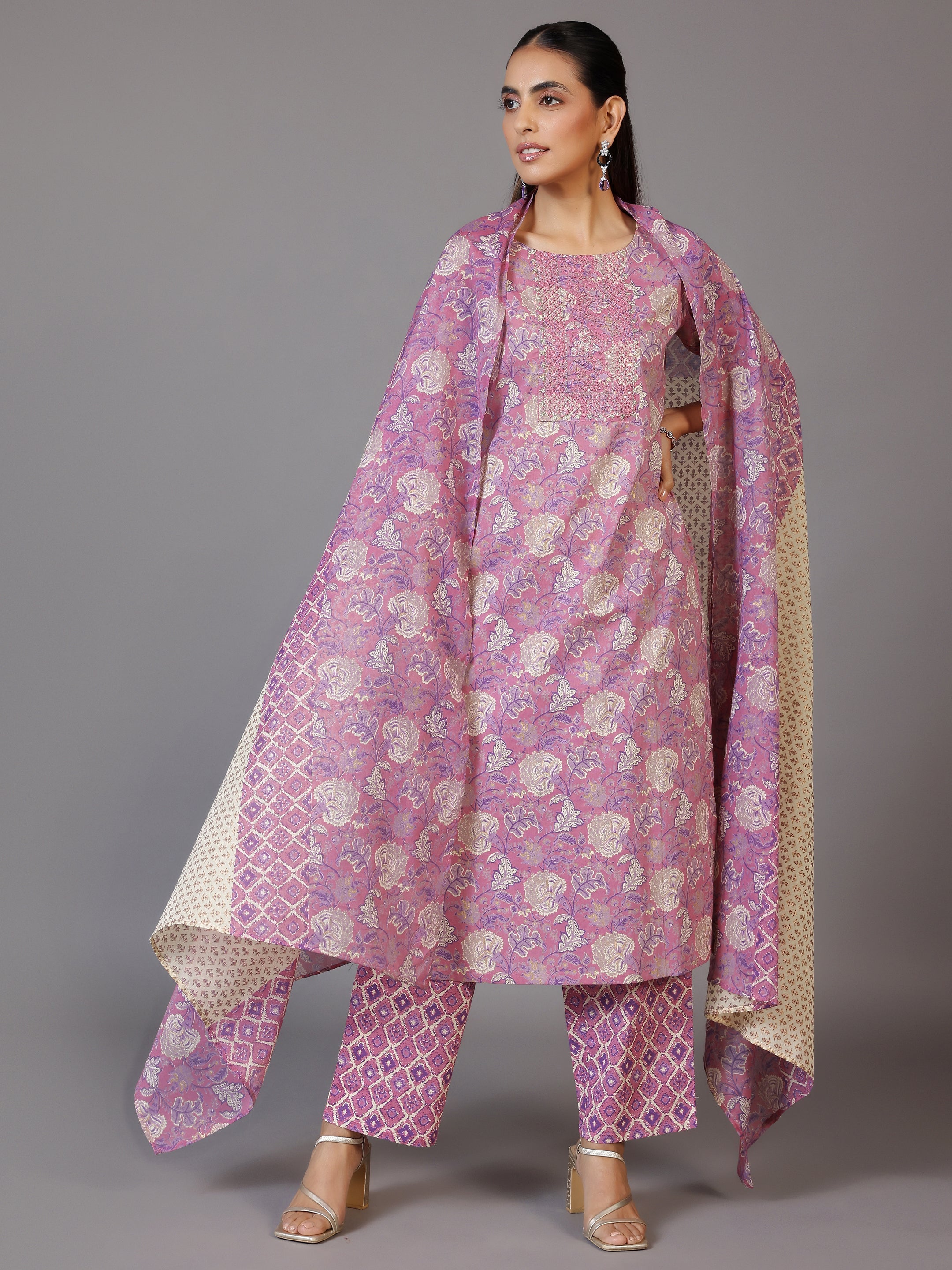 Mauve Printed Cotton Straight Suit With Dupatta