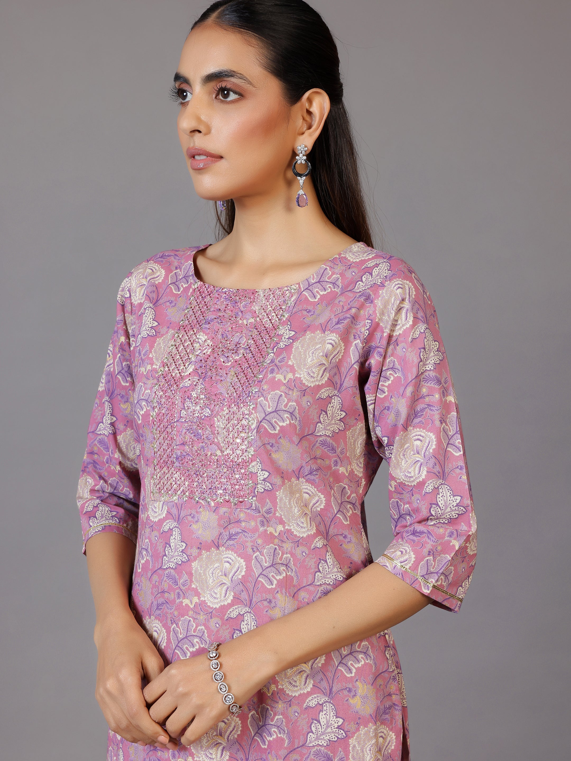 Mauve Printed Cotton Straight Suit With Dupatta