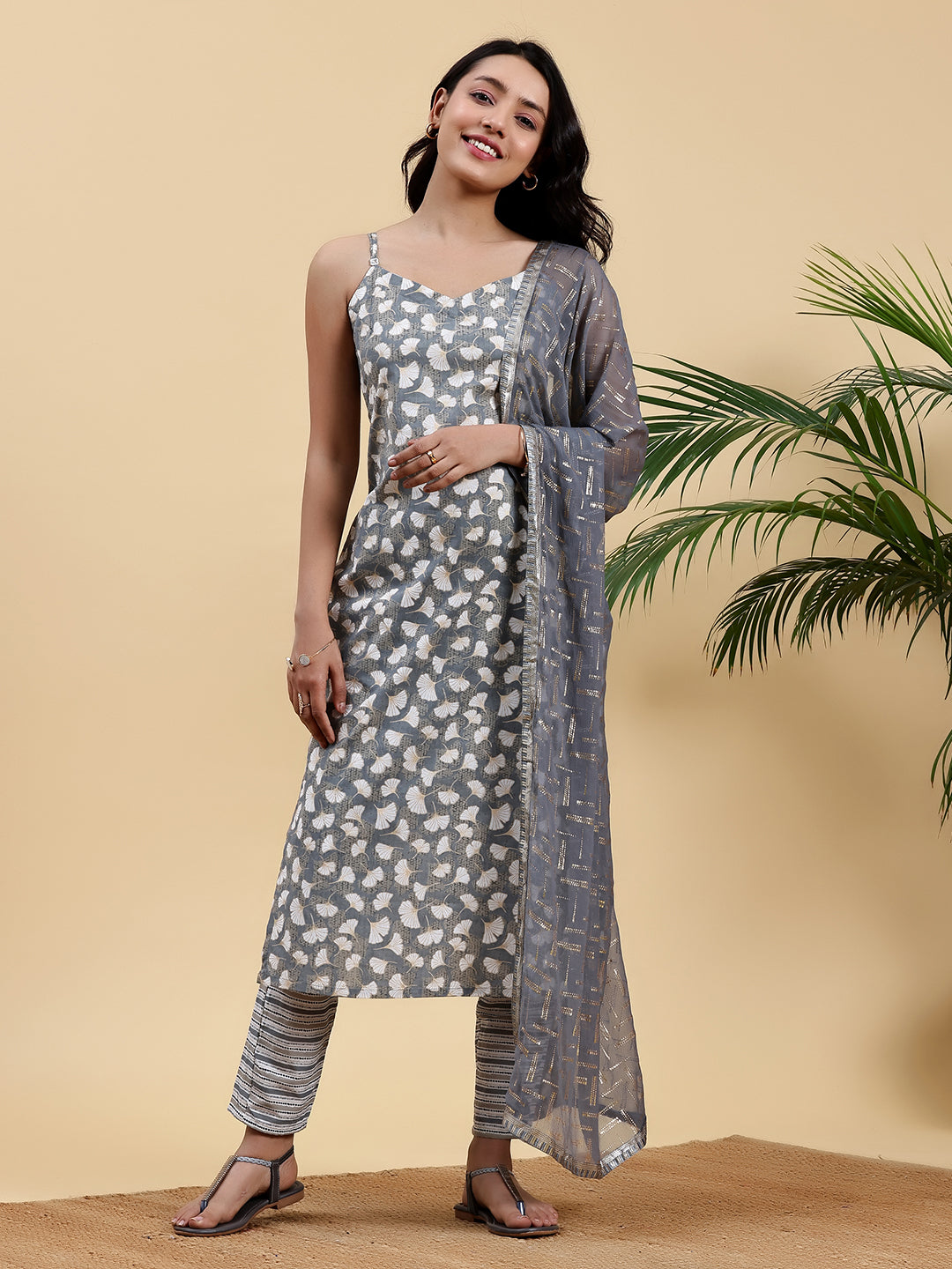 Grey Printed Cotton Straight Suit With Dupatta