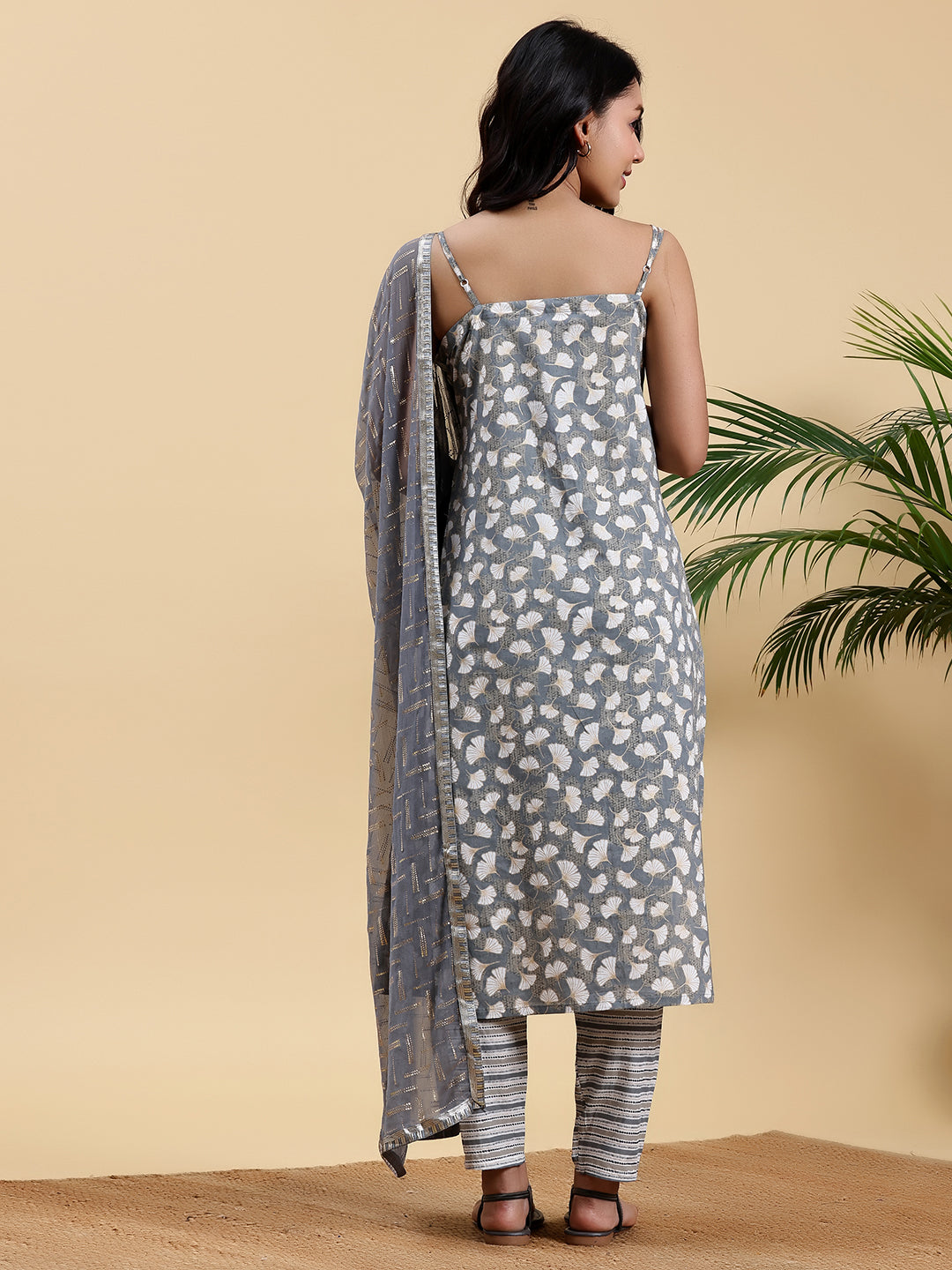 Grey Printed Cotton Straight Suit With Dupatta