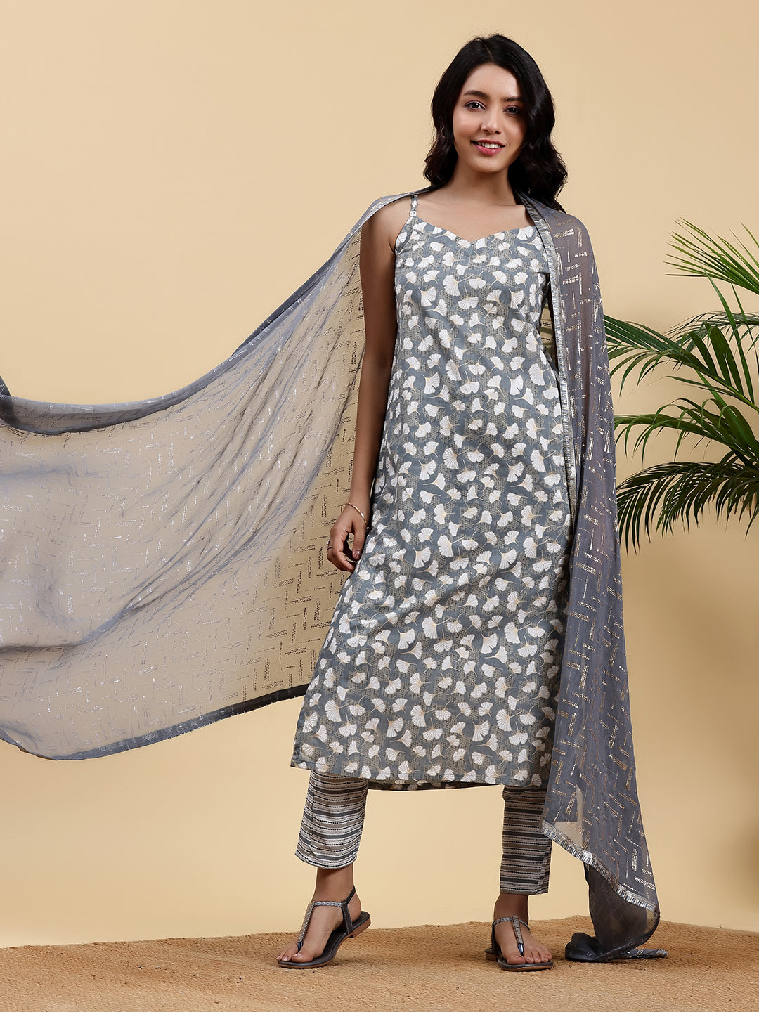 Grey Printed Cotton Straight Suit With Dupatta