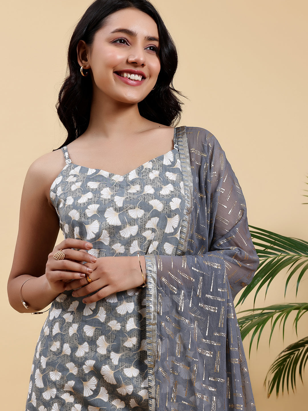 Grey Printed Cotton Straight Suit With Dupatta